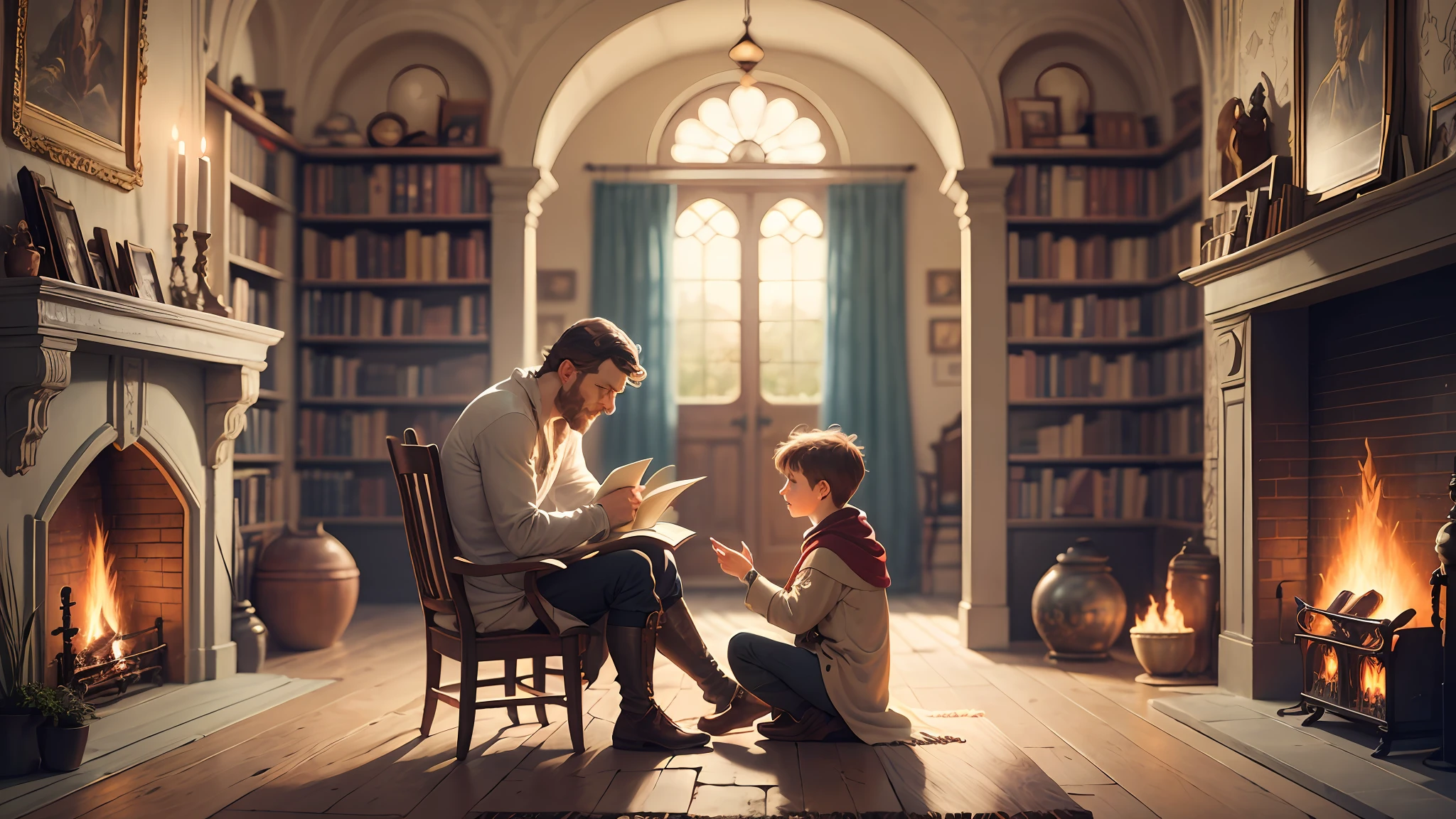 In a medieval age realm, a little fellow named Rog lived calmly with his dad, Lord Nufer. The scene captures a heartwarming moment of Rog and Lord Nufer sitting by the fireplace in their castle, surrounded by ancient books and artifacts, portraying a serene family bond. The lighting is warm, with soft flickering flames casting gentle shadows on the stone walls. Rog's innocent smile reflects his admiration for his father's wisdom, while Lord Nufer's caring expression reveals his love for his son. The image is executed as a high-quality, realistic painting on canvas, capturing every intricate detail of the characters and their surroundings, --auto --s2