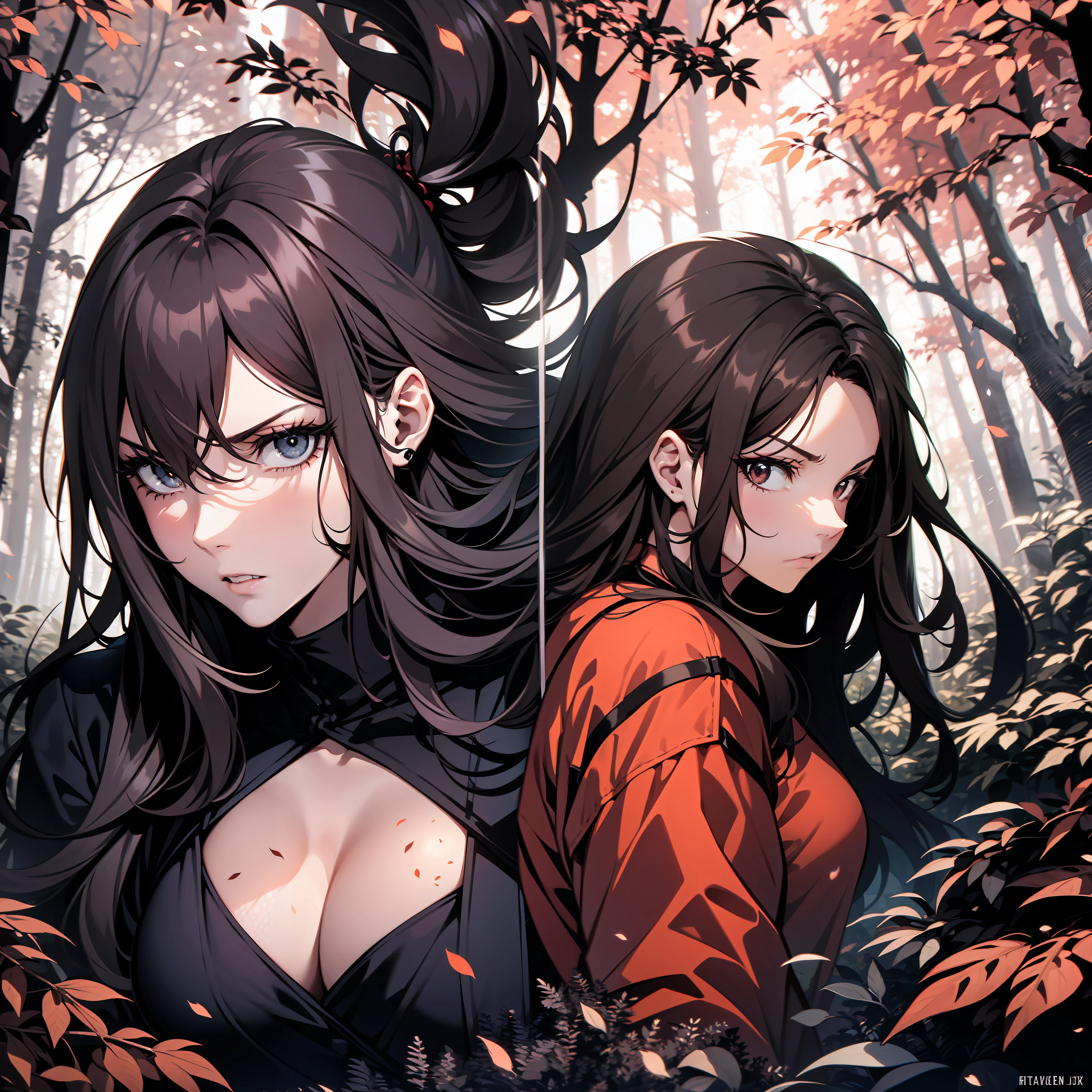 Two young women fighting with swords, in a dark forest and the woman is startled and angry and is blocking the ninja’s sword, it’s slightly muddy, surrounded by tall trees with red leaves. They wear black jackets and have dark hair that reaches their shoulders. The forest is dimly lit, creating a contrast between the red and black colors. The image evokes a sense of mystery and danger.