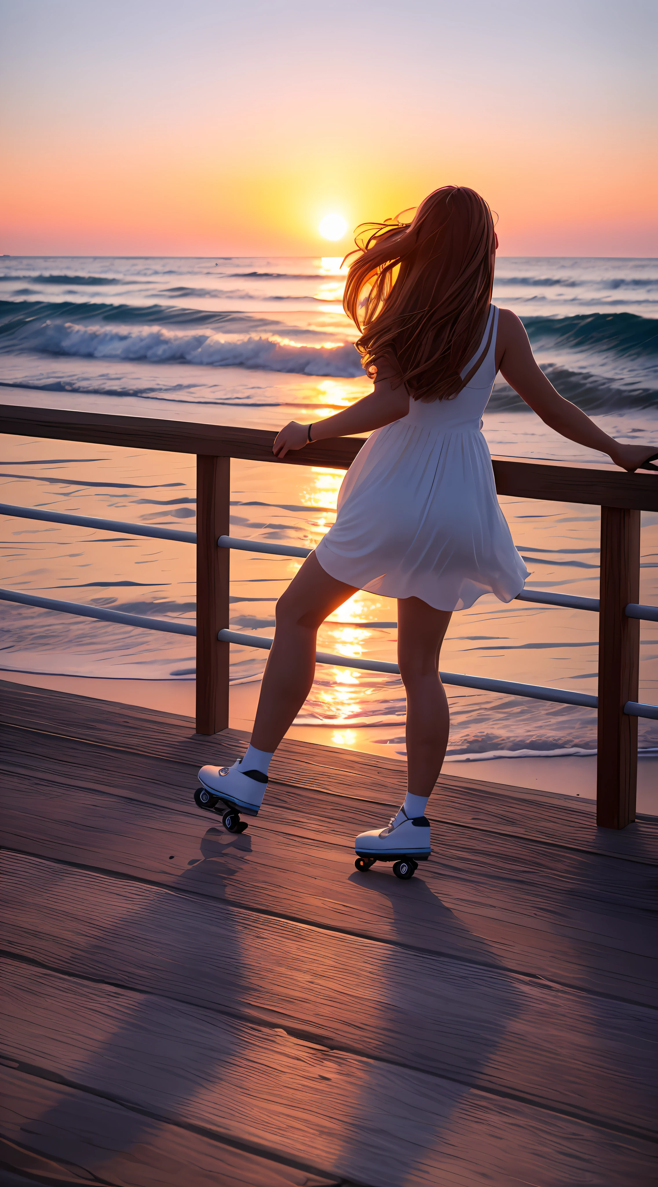 /imagine prompt: Teenage Girl Embracing the Sunrise, A teenage girl glides gracefully along the coastal boardwalk on rollerblades, bathed in the soft, warm glow of the rising sun. The horizon is painted in hues of pink, orange, and purple, as the day dawns with a sense of promise and new beginnings.

Her hair dances with the gentle sea breeze, adding to the scene's dynamic movement. As she skates on the smooth boardwalk, the rhythmic sound of waves breaking against the shore creates a symphony of nature's melodies.

The tranquil seaside setting, with seagulls soaring overhead, adds to the sense of serenity. The girl's presence in this picturesque moment captures the essence of youthful joy and wonder.

The atmosphere is vibrant and hopeful, reflecting the sense of awe and inspiration that comes with witnessing a sunrise by the ocean.

The lighting effect is ethereal, as the sun's golden rays cast a warm and tender glow over the boardwalk. The girl's figure is highlighted, creating a beautiful contrast against the surroundings. Shadows play softly on the ground, adding depth and a touch of mystery to the captivating moment. --ar 3:2 --c 8 --s 500 --q 2,