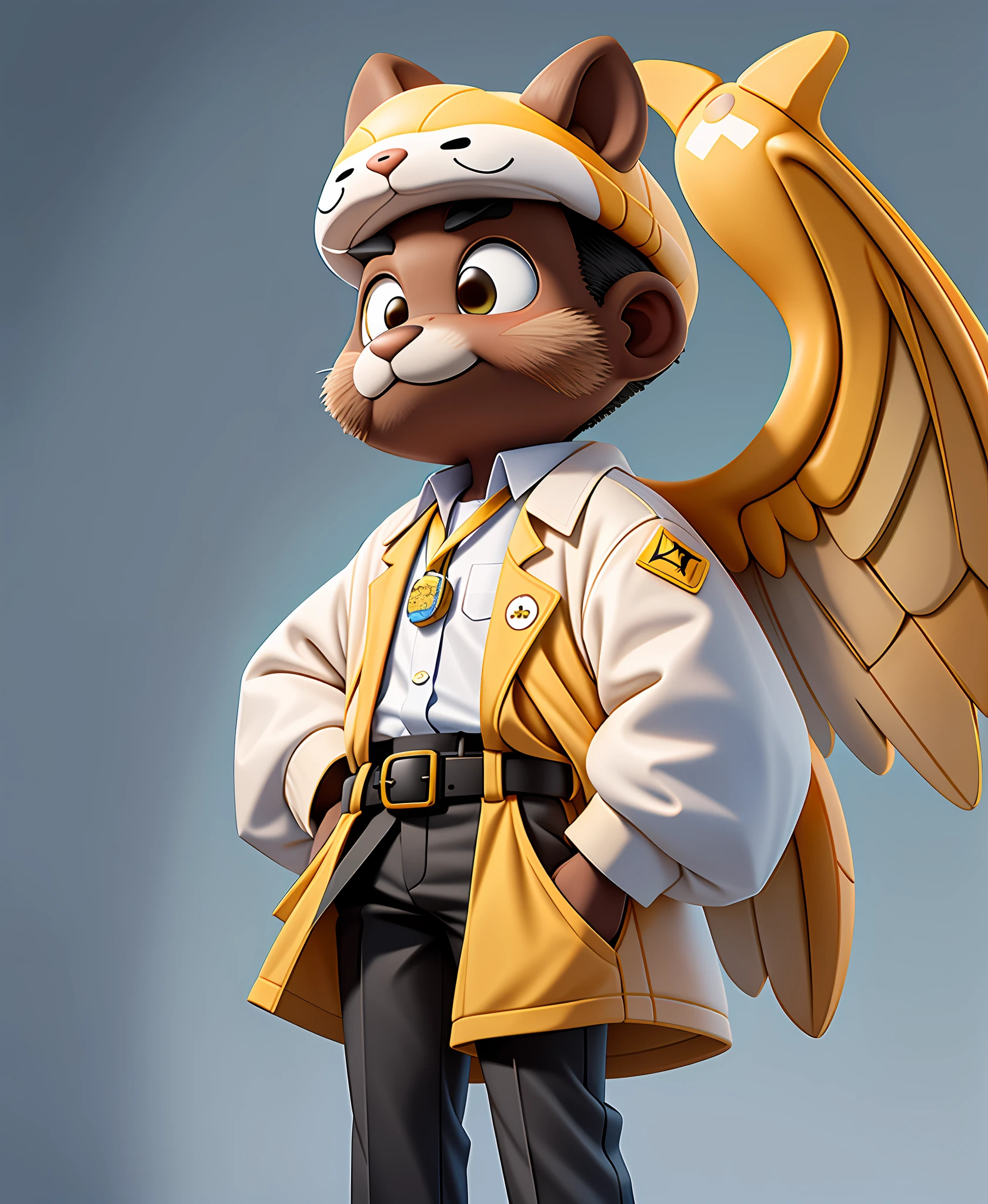 Groundhog anthropomorphic, kawaii style, white and yellow wings, wearing white shirt over a yellow and gray jacket and black pants with blue belt, Presides over the masbuta, or baptism ritual, Masterpiece, Best Quality