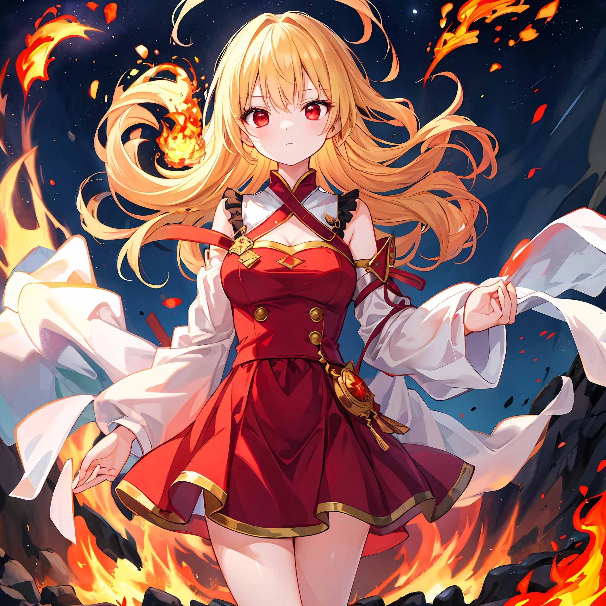 One beautiful blonde girl、red eyes、doress、Flames in the background、Sorcerer、Full of fire