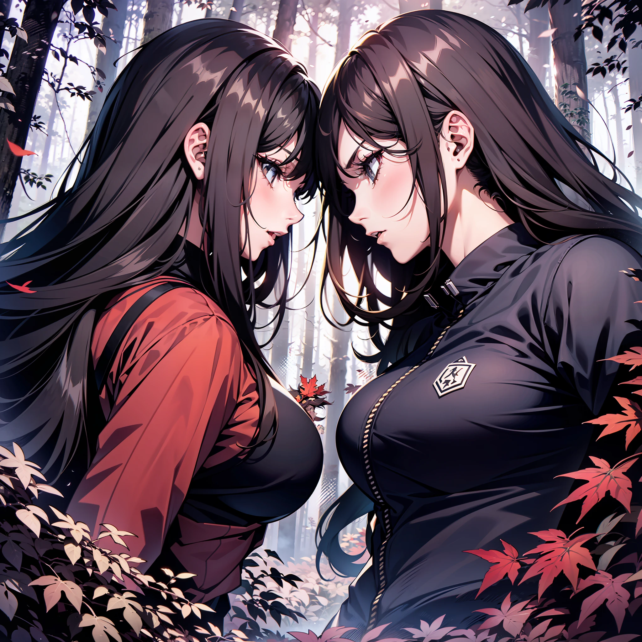 Two young women fighting with swords, in a dark forest and the woman is startled and angry and is blocking the ninja’s sword, it’s slightly muddy, surrounded by tall trees with red leaves. They wear black jackets and have dark hair that reaches their shoulders. The forest is dimly lit, creating a contrast between the red and black colors. The image evokes a sense of mystery and danger.