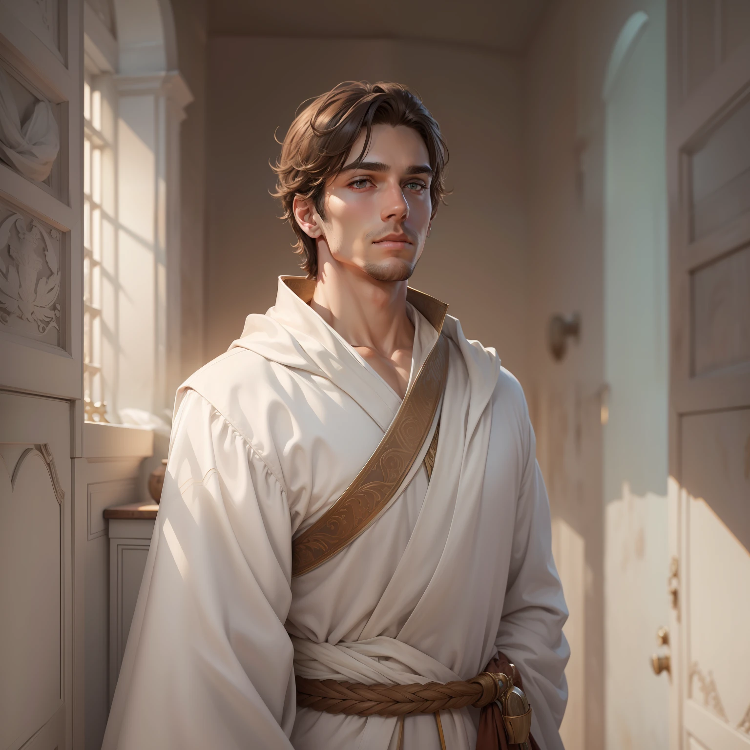 (absurdres, highres, ultra detailed), 1 male, younger adult, broad shoulders, finely detailed eyes and detailed face, no beard, Brown eyes, fantasy, indoors, Simple white robe, Portrait