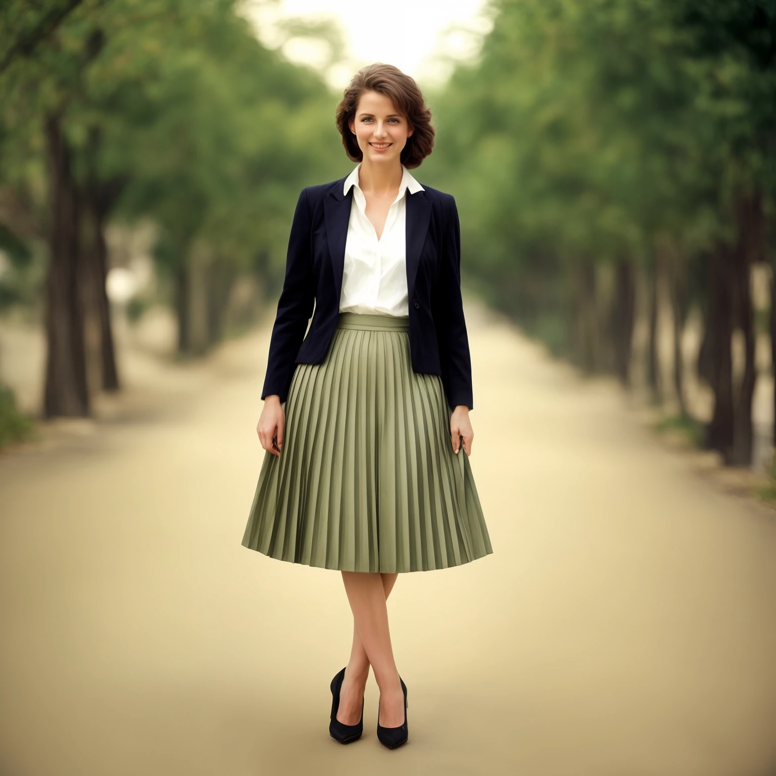 authentic (very shy:1,4 smiling) good woman wearing a short blazer with a very very detailed (long (fully pleated) full circle skirt) and (simple) low heeled office shoes, very very intricate hyper-detailed symmetric (attractive graceful young feminine face) with (sad, tired eyes and shy smile:1,1), full of empathy and compassion and love, (pronounced (feminine) features), (highly detailed ultra accurate realistic) hands and fingers, (windy conditions and wind blowing), epic composition, highly detailed attributes, highly detailed atmosphere, (35mm f1.4 Kodak portra 400 photograph), extremely high quality RAW photograph, intricate, Exquisite details and textures,