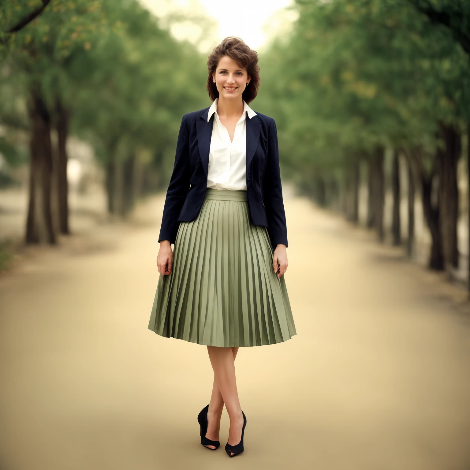 authentic (very shy:1,4 smiling) good woman wearing a short blazer with a very very detailed (long (fully pleated) full circle skirt) and (simple) low heeled office shoes, very very intricate hyper-detailed symmetric (attractive graceful young feminine face) with (sad, tired eyes and shy smile:1,1), full of empathy and compassion and love, (pronounced (feminine) features), (highly detailed ultra accurate realistic) hands and fingers, (windy conditions and wind blowing), epic composition, highly detailed attributes, highly detailed atmosphere, (35mm f1.4 Kodak portra 400 photograph), extremely high quality RAW photograph, intricate, Exquisite details and textures,