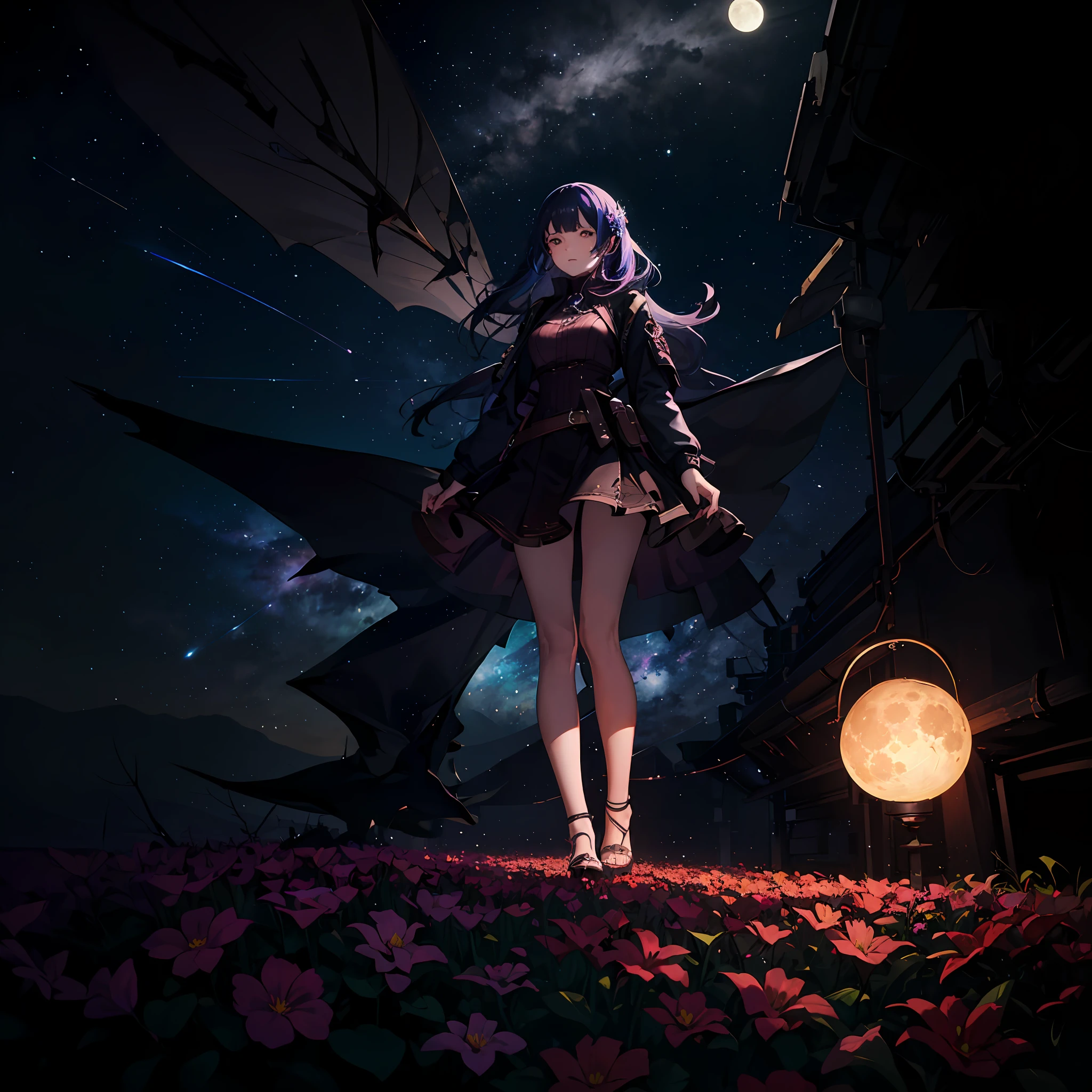 expansive landscape photograph , (a view from below that shows sky above and open field below), a girl standing on flower field looking up, (full moon:1.2), ( shooting stars:0.9), (nebula:1.3), distant mountain, tree BREAK
production art, (warm light source:1.2), (Firefly:1.2), lamp, lot of purple and orange, intricate details, volumetric lighting BREAK
(masterpiece:1.2), (best quality), 4k, ultra-detailed, (dynamic composition:1.4), highly detailed, colorful details,( iridescent colors:1.2), (glowing lighting, atmospheric lighting), dreamy, magical, (solo:1.2) --auto