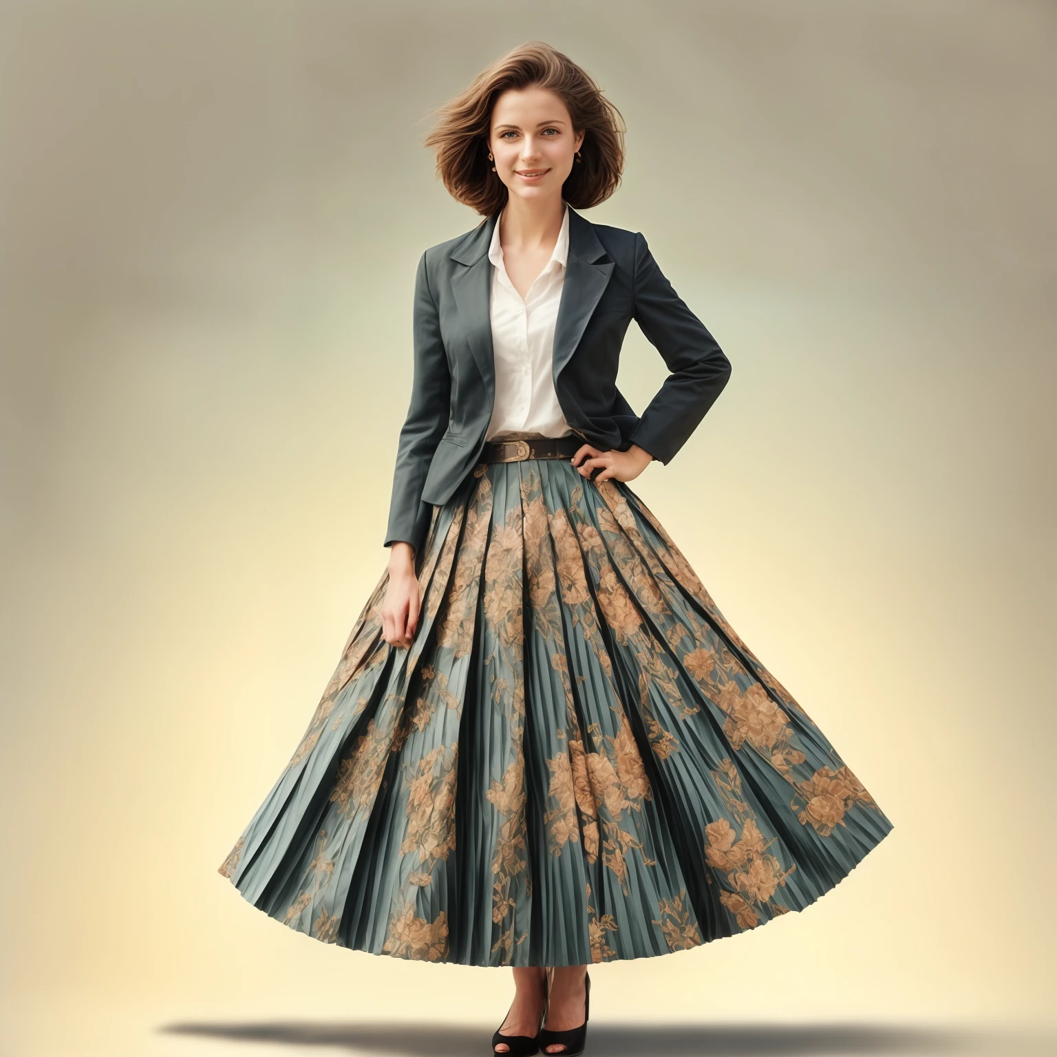 authentic (very shy:1,4 smiling) good woman wearing a short blazer with a very very detailed (long (fully pleated) full circle skirt) and (simple) low heeled office shoes, very very intricate hyper-detailed symmetric (attractive graceful young feminine face) with (sad, tired eyes and shy smile:1,1), full of empathy and compassion and love, (pronounced (feminine) features), (highly detailed ultra accurate realistic) hands and fingers, (windy conditions and wind blowing), epic composition, highly detailed attributes, highly detailed atmosphere, (35mm f1.4 Kodak portra 400 photograph), extremely high quality RAW photograph, intricate, Exquisite details and textures,