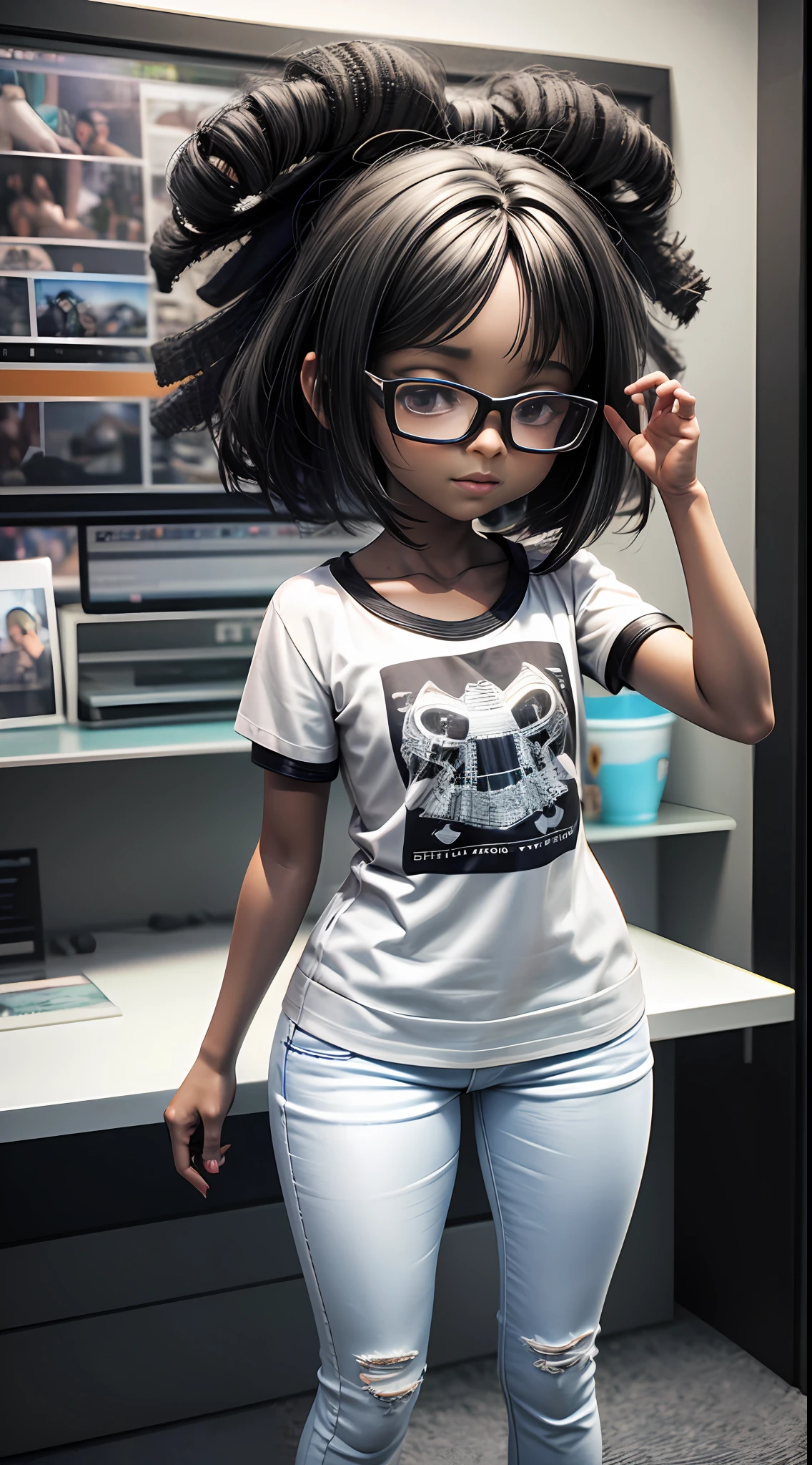 Chibi digital de ultra qualidade, Black Afro-Kenyan cartoon girl with glasses and a white shirt jeans standing in a room, Estilo anime 3D realista, anime estilo 3d, ...3d anime realista, chibi rendering of girl anime photo pixar, render de uma  preta 3d bonito, realista estilo 3d, 3 d render stylized, estilo cartoon disney,  ultra realistic 3d illustration, 3d menina, estilo de arte realista, arte cg anime suave --auto --s2