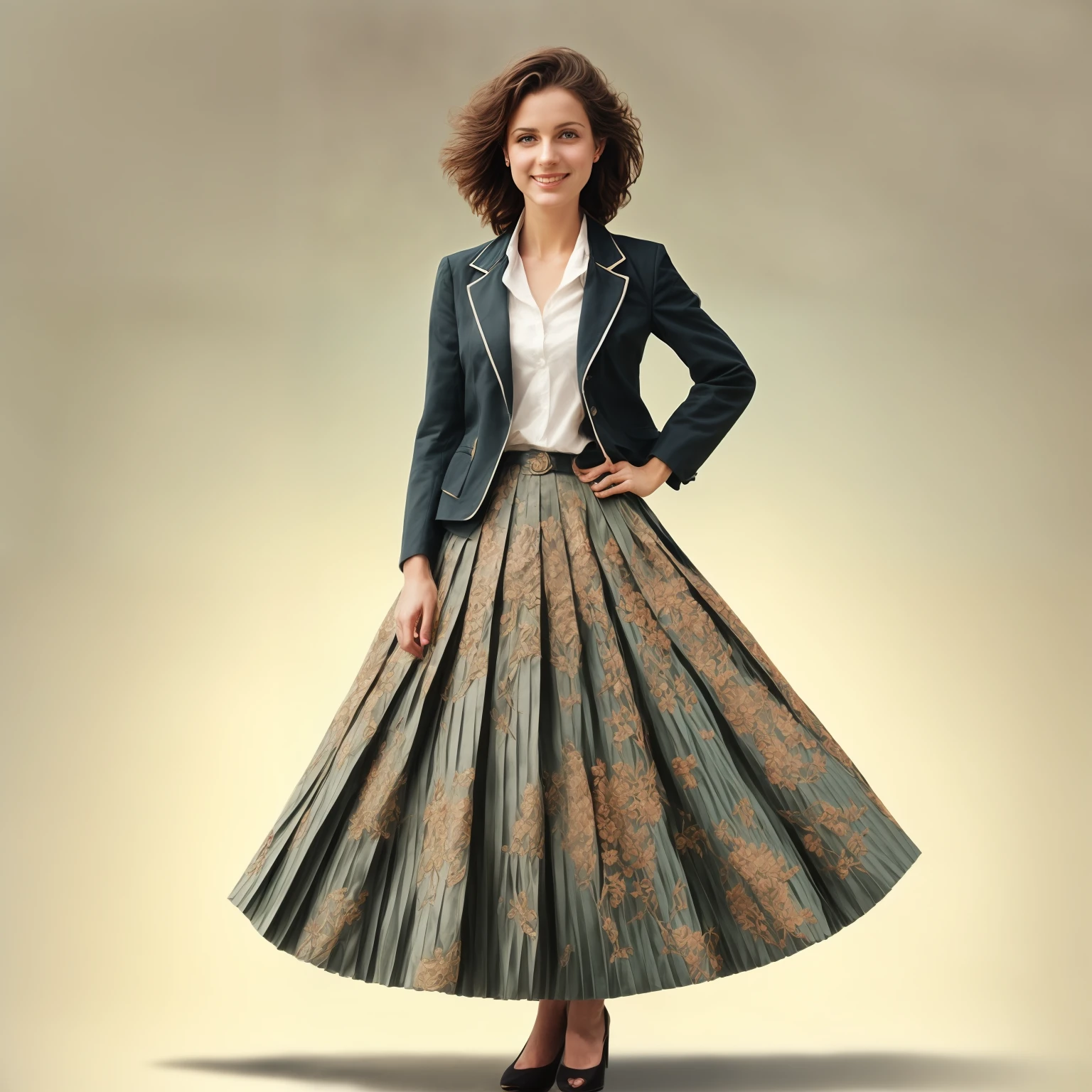 authentic (very shy:1,4 smiling) good woman wearing a short blazer with a very very detailed (long (fully pleated) full circle skirt) and (simple) low heeled office shoes, very very intricate hyper-detailed symmetric (attractive graceful young feminine face) with (sad, tired eyes and shy smile:1,1), full of empathy and compassion and love, (pronounced (feminine) features), (highly detailed ultra accurate realistic) hands and fingers, (windy conditions and wind blowing), epic composition, highly detailed attributes, highly detailed atmosphere, (35mm f1.4 Kodak portra 400 photograph), extremely high quality RAW photograph, intricate, Exquisite details and textures,