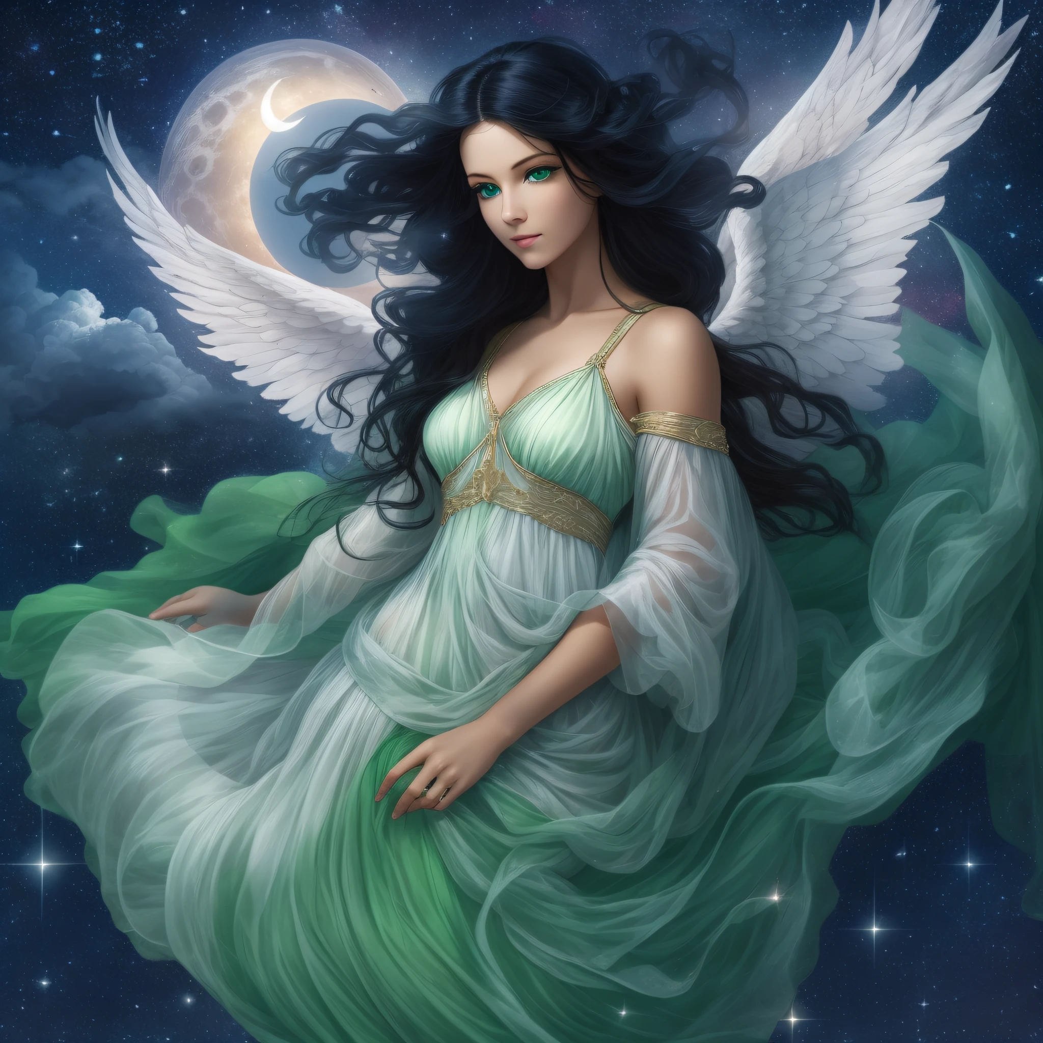 a very beautiful angel white woman with blue eyes, black hair, white angel wings and wearing an acient green dress, flying over the clouds in a night with the planet Venus and the crescent moon appearing in the sky