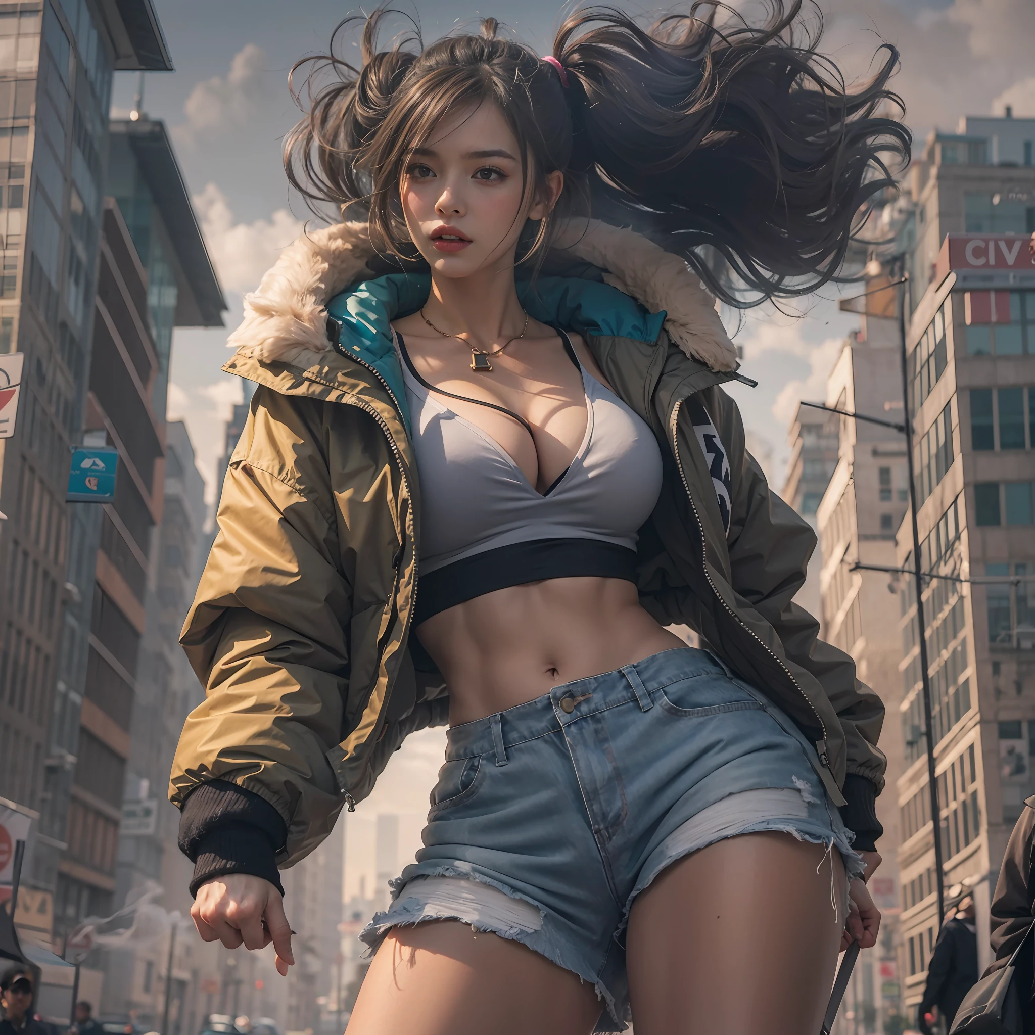 Giant Akari in crop top and jacket, Barefoot, athletic bodies, gts city, city buildings, Smoke, Evil