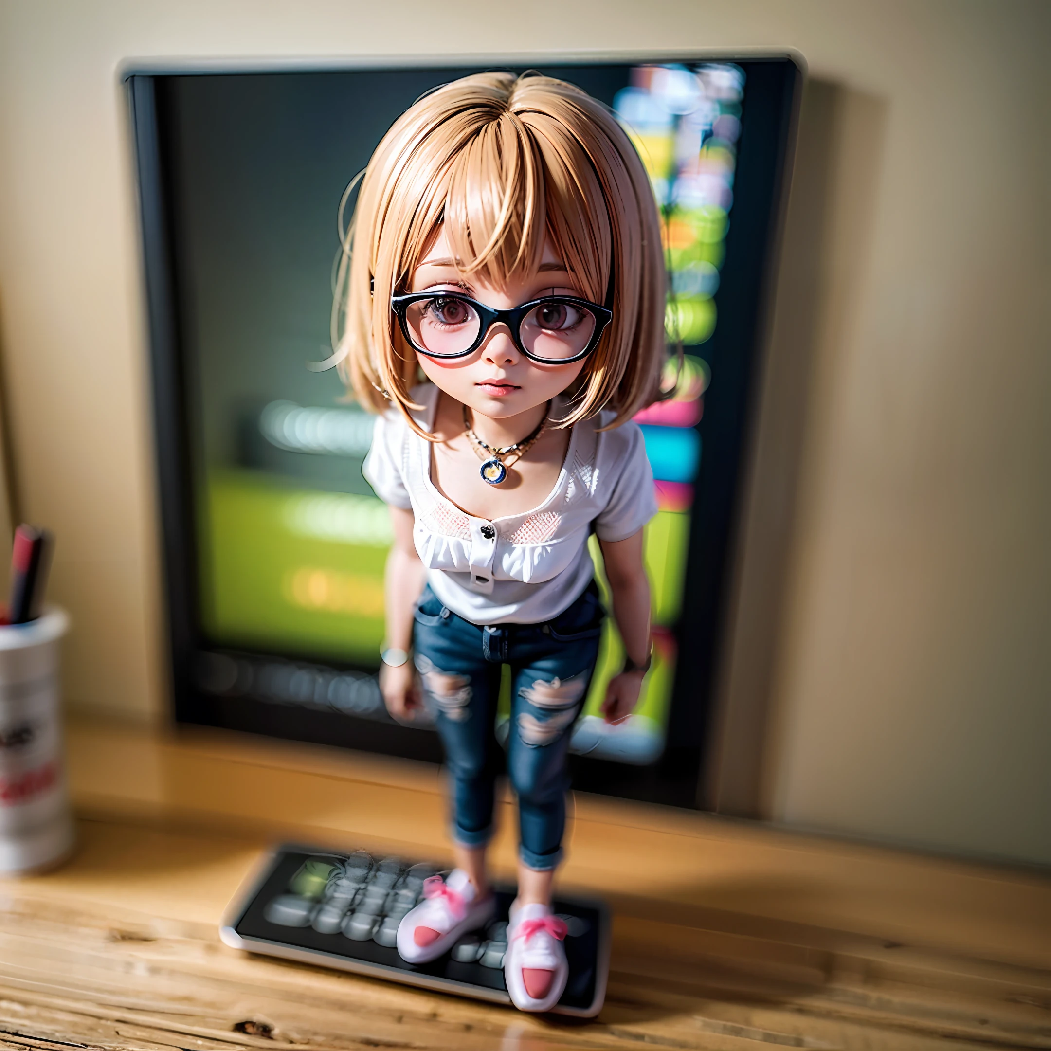 Chibi digital de ultra qualidade, Afro-Kenyan cartoon girl with glasses and a white jeans shirt standing in a room, Estilo anime 3D realista, anime estilo 3d, ...3d anime realista, chibi rendering of girl photorealistic anime, render de uma menina anime 3d bonito, realista estilo 3d, 3 d render stylized, ultra realistic 3d illustration, 3d menina anime, estilo de arte realista, arte cg anime suave --auto --s2