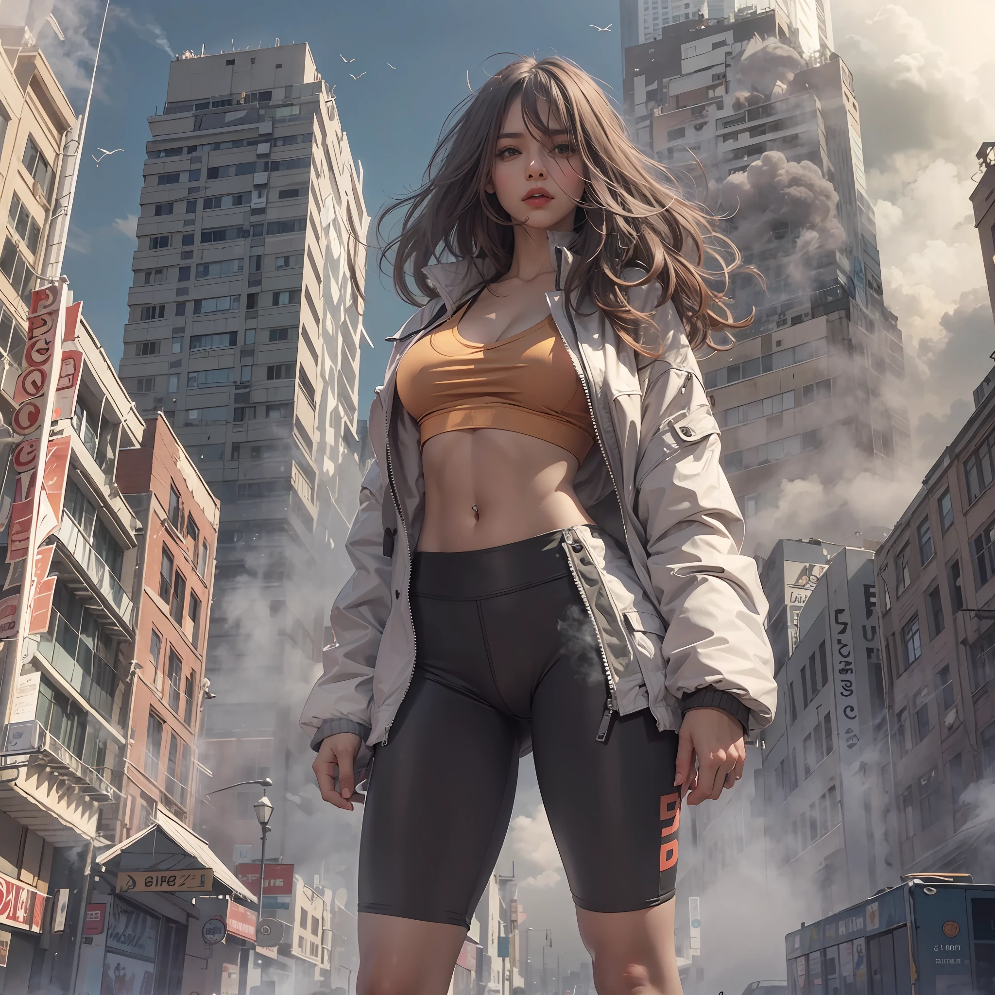 Giant Akari in crop top and jacket, Barefoot, athletic bodies, gts city, city buildings, Smoke, Evil