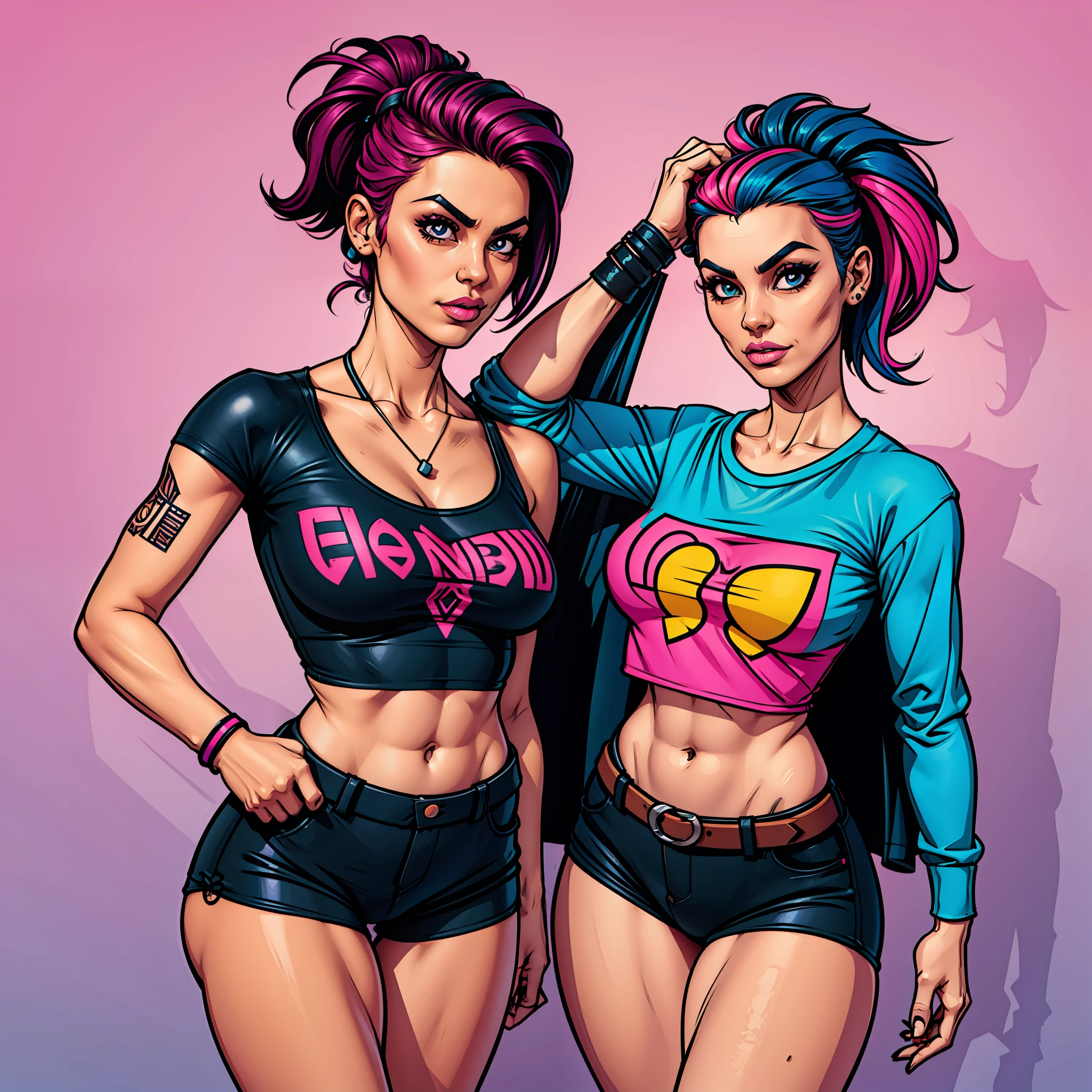 Minimalistic illustration of a sexy punker with a 3D vector sketch style, incorporating flat design elements, vibrant colors, and a typographic t-shirt.