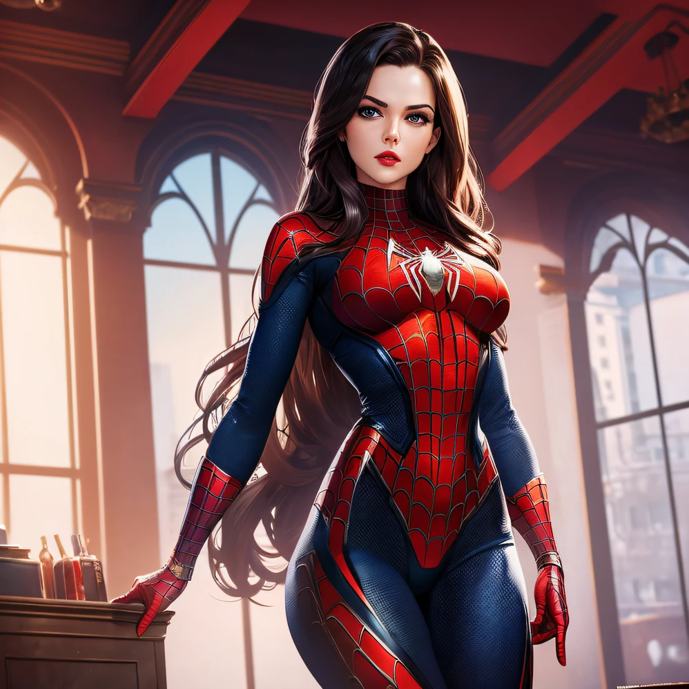 (masterpiece), (best quality), (beautiful woman in spider-man cosplay with small breasts), full body detailed description, high resolution, dynamic orientation, dynamic pose, black and red suit, blue eyes, red lipstick, long hair, indoor setup, (pink underwear + metal accessory) --auto