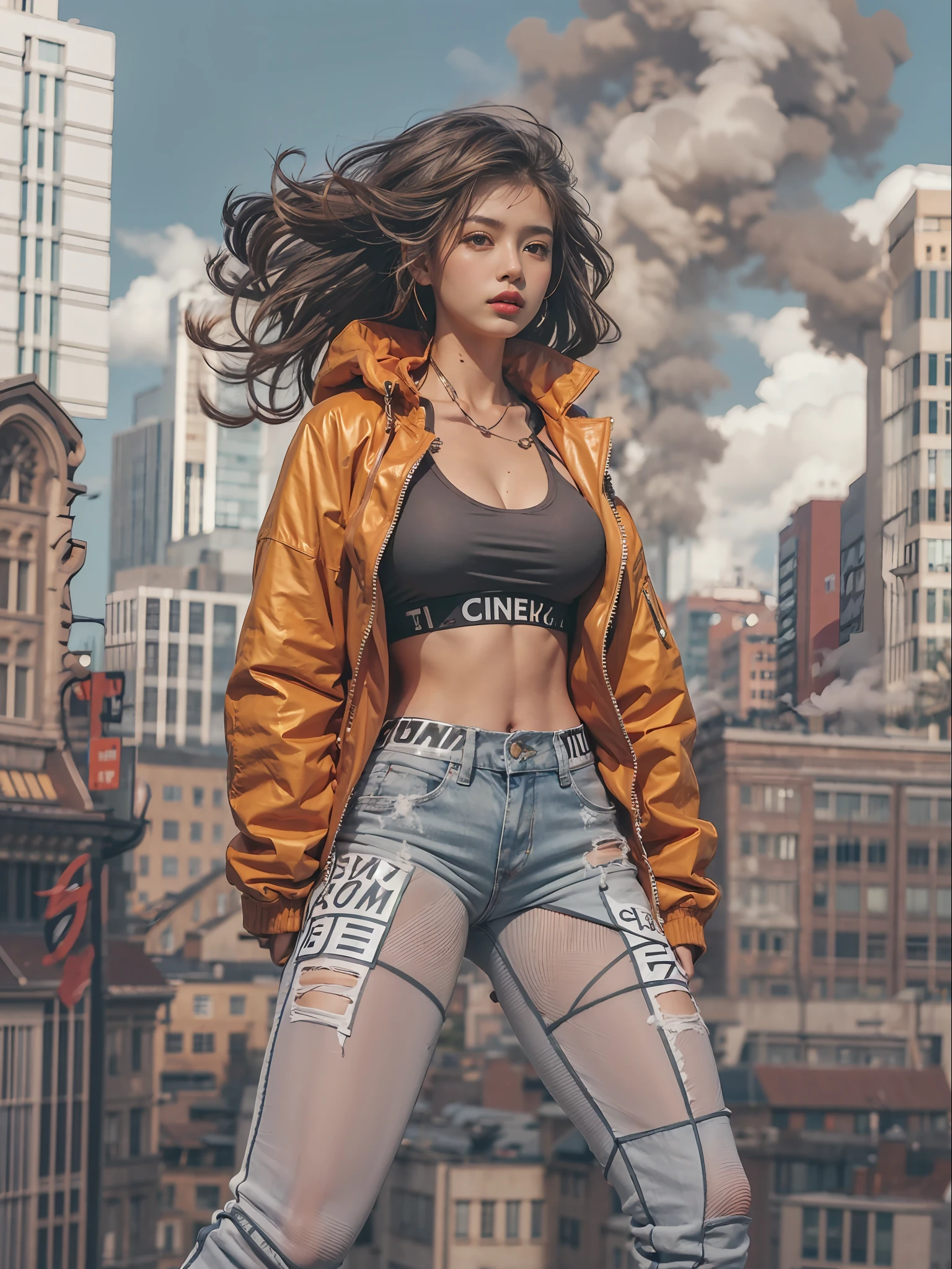 Giant Akari in crop top and jacket, Barefoot, athletic bodies, gts city, city buildings, Smoke, Evil