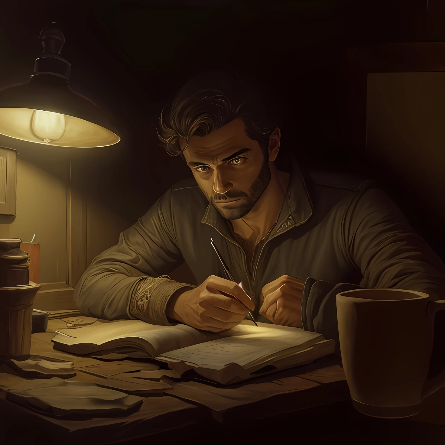 Painting of a man writing in a dark room with a lamp, Chiaroscuro estudioso, arte da capa de um livro, arte conceitual escura fotorrealista, Estilo de Dragan Bibin, conceito de arte para uma capa de livro, Adi Granov, eerie nostalgic concept art, Rob Rey, arte do jogo de RPG, Guilherme H. Pongiluppi