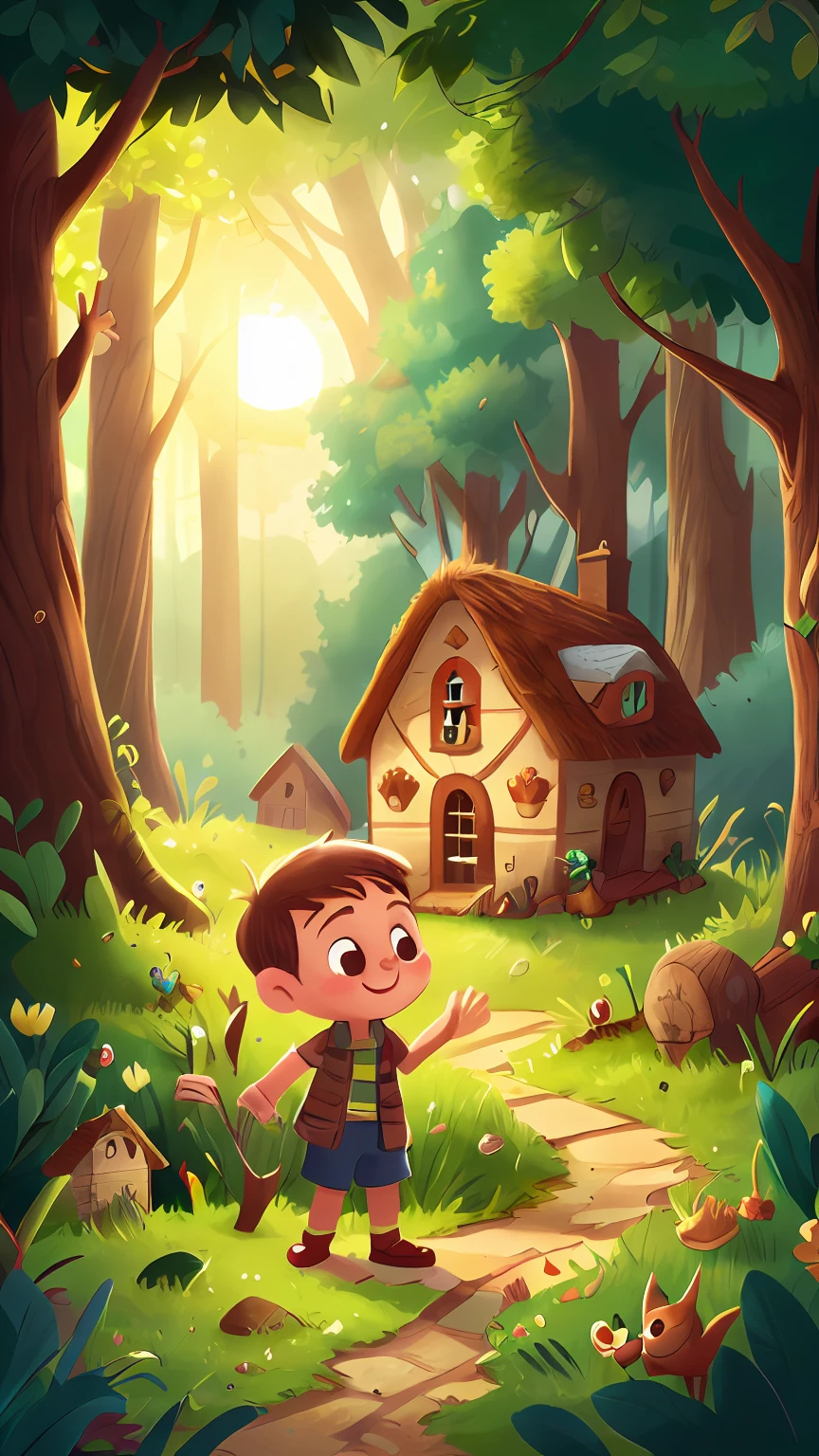 A little boy, a small village near an enchanted forest, happy