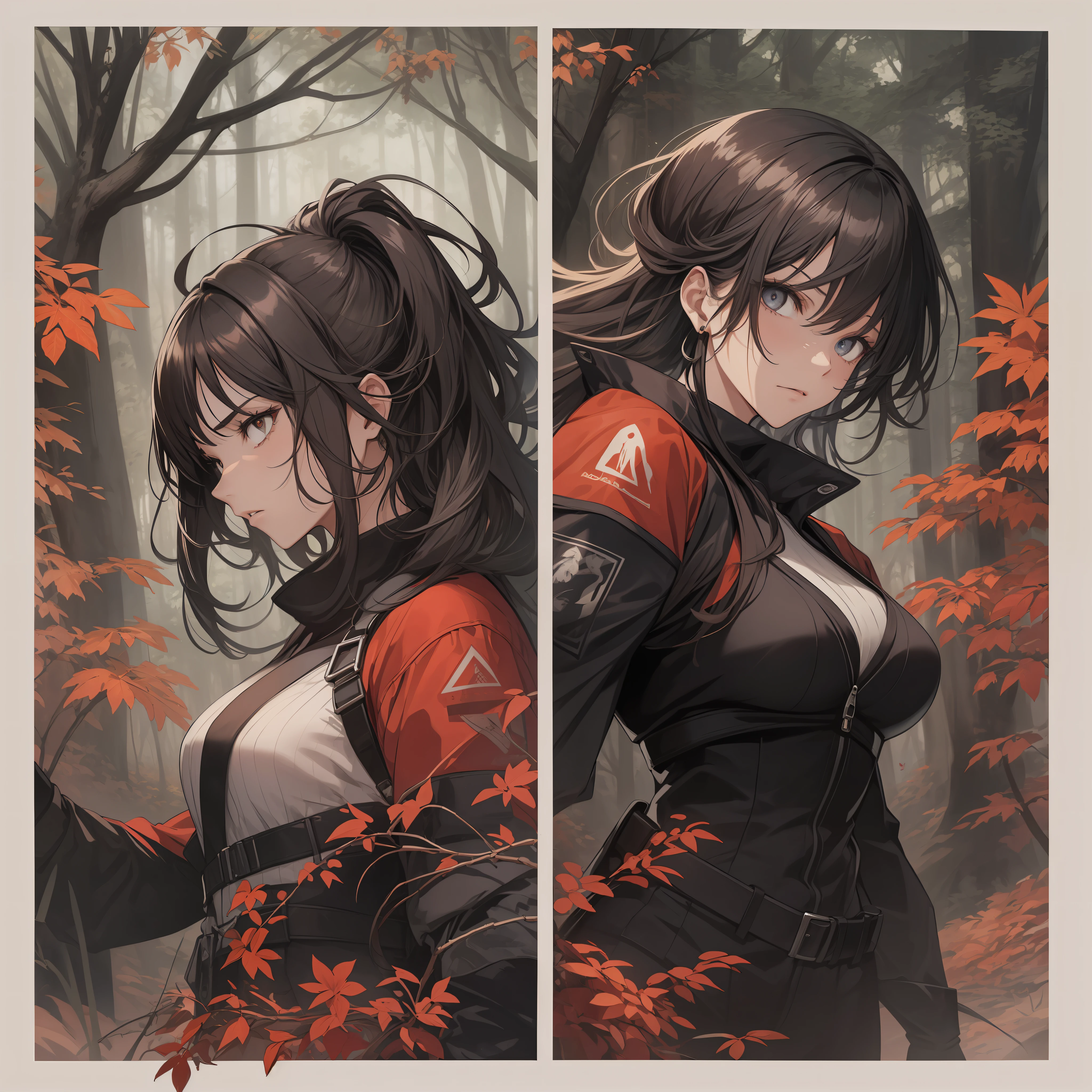 Two young women fighting with swords, in a dark forest and the woman is startled and angry and is blocking the ninja’s sword, it’s slightly muddy, surrounded by tall trees with red leaves. They wear black jackets and have dark hair that reaches their shoulders. The forest is dimly lit, creating a contrast between the red and black colors. The image evokes a sense of mystery and danger.