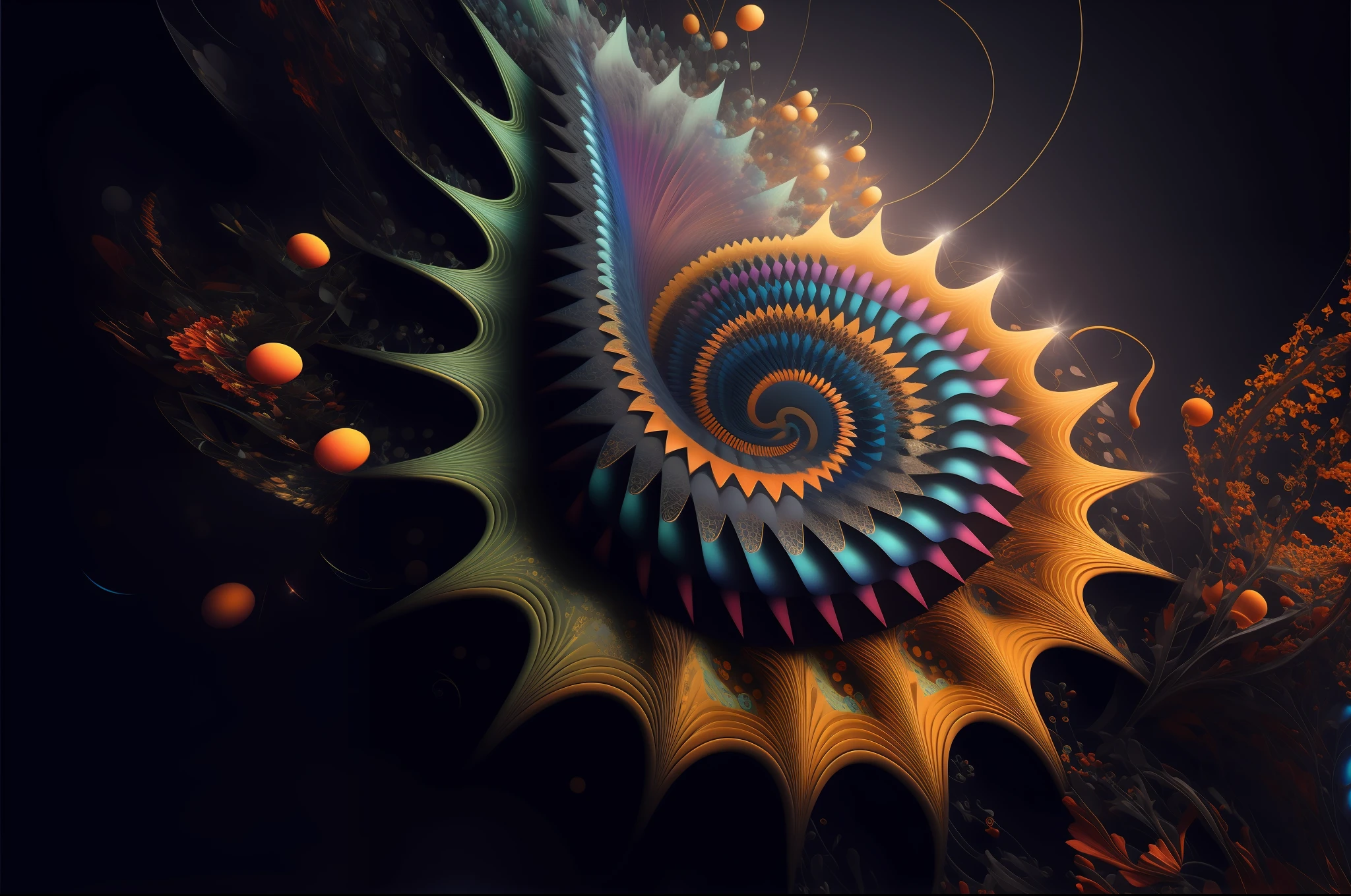 Buntes Spiraldesign mit orangefarbenen und blauen Akzenten, Hochdetaillierte digitale 4K-Kunst, Unendliche fraktale Wellen, Fraktale Traumlandschaft, Spiral fractals, rekursives Fraktal, Abstrakter fraktaler Automat, Aufwendige digitale Kunst, Fraktale algorechte Kunst, 3-D-Fraktal, Fraktales Rendern, 3D-Fraktal, Hochdetailliertes 3D-Fraktal, komplizierte fraktale Abstraktion, Fraktaler 3D-Hintergrund, feinste Strukturen,, Midjourney Stil