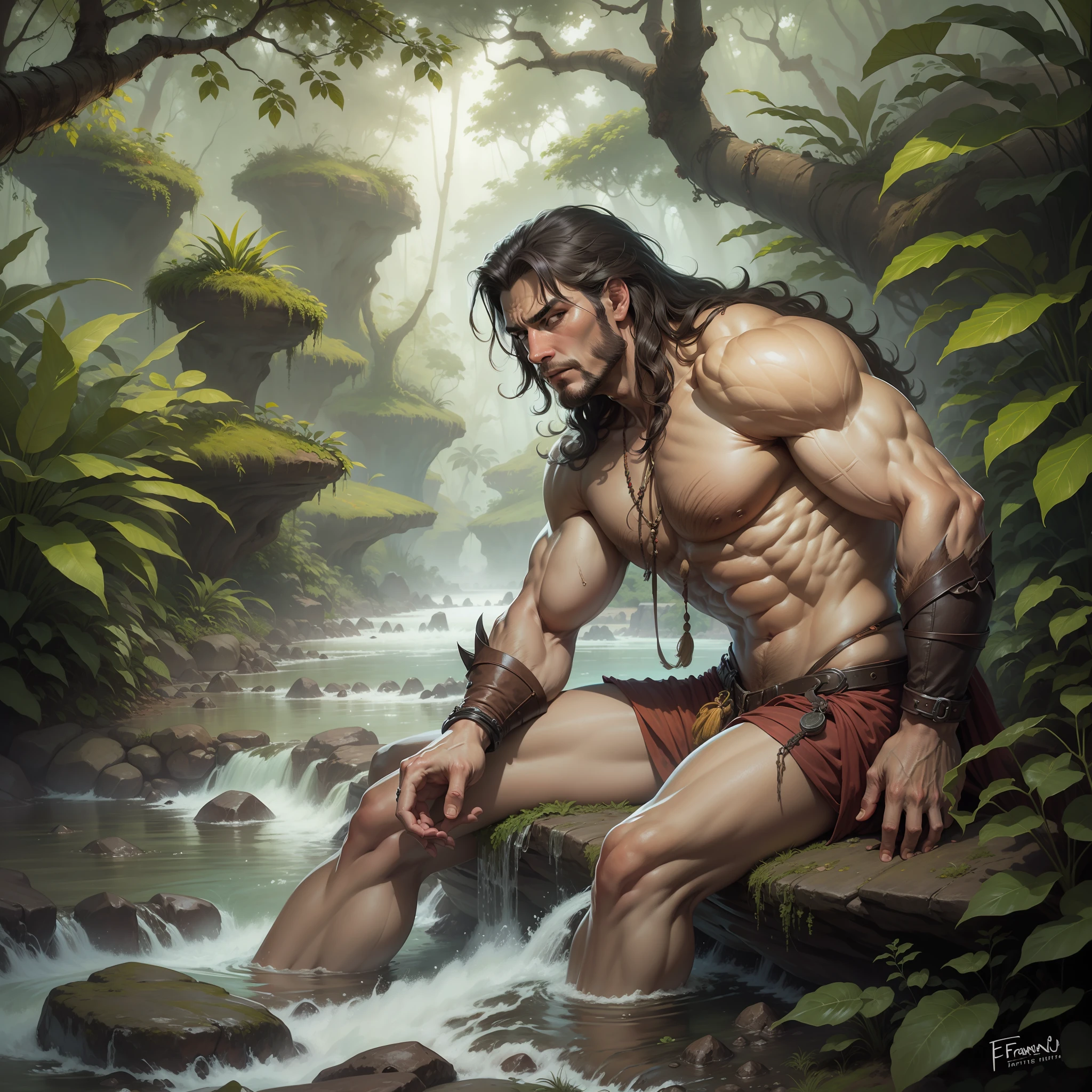 Tarzan sitting in front of a river in the jungle, arte digital, estilo Frank Frazetta, detalles, realista, 32 k, --auto --s2