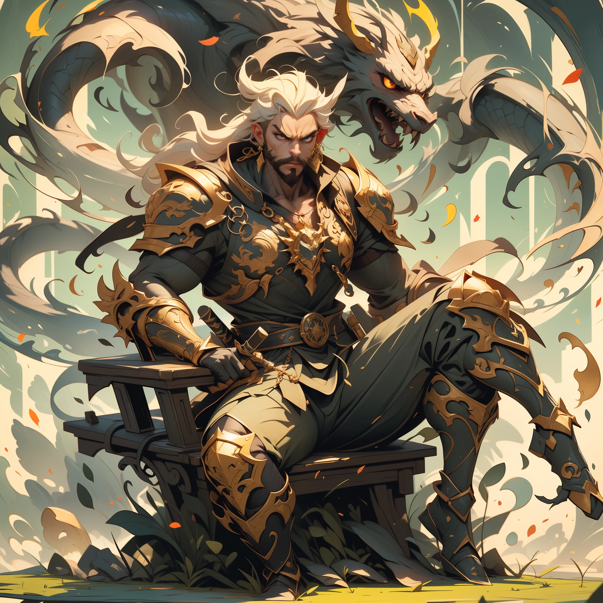 1 man, male focus, (holding big sword), armor, sheath, pectorals, scabbard, shoulder armor, full body, bound hair, jewelry, muscular,his eyes wide open in anger, (sitting on the king chair), dragon on the back, high definition, best quality, ultra-detailed, extremely delicate, anatomically correct, symmetrical face, extremely detailed eyes and face, high quality eyes, RAW photo, UHD, 8k, professional lighting, soft lighting, (masterpiece:2)