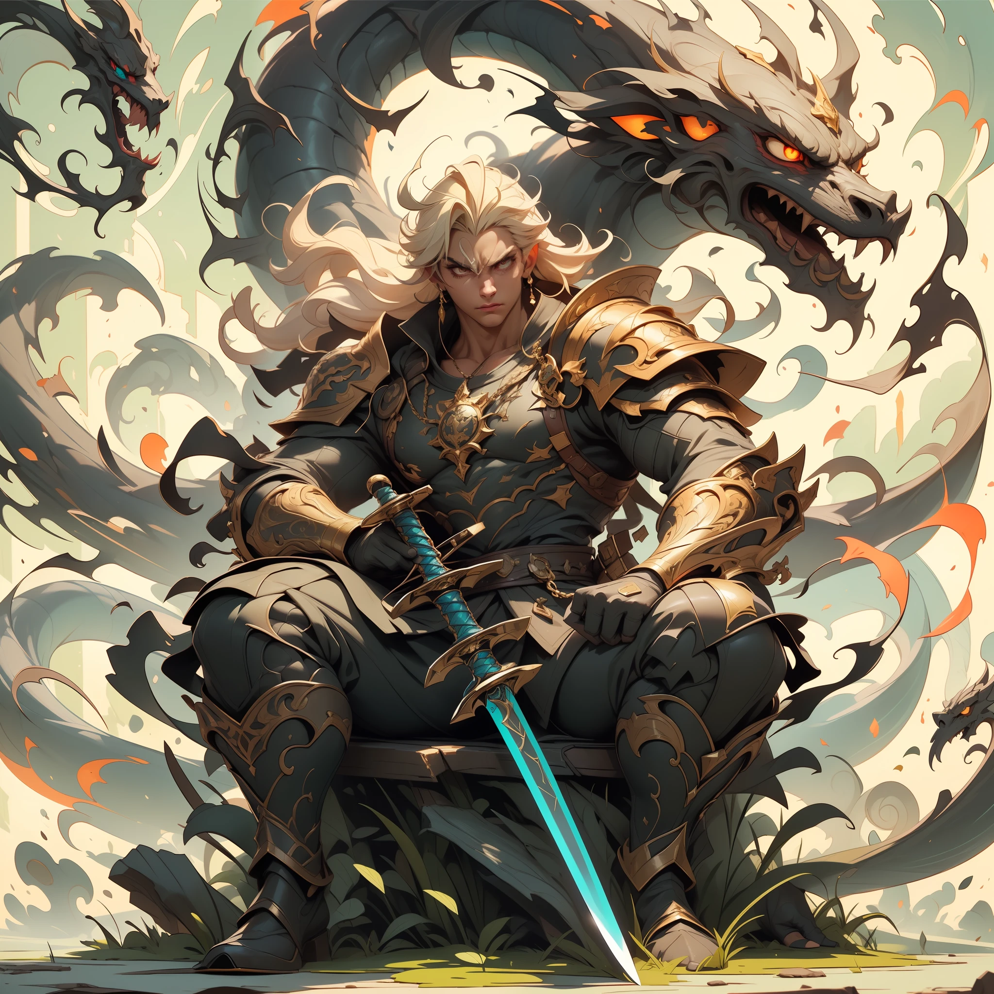 1 man, male focus, (holding big sword), armor, sheath, pectorals, scabbard, shoulder armor, full body, bound hair, jewelry, muscular,his eyes wide open in anger, (sitting on the king chair), dragon on the back, high definition, best quality, ultra-detailed, extremely delicate, anatomically correct, symmetrical face, extremely detailed eyes and face, high quality eyes, RAW photo, UHD, 8k, professional lighting, soft lighting, (masterpiece:2)