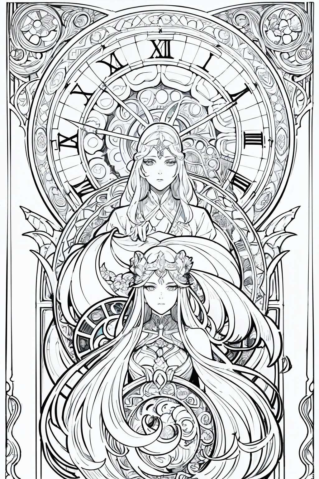Painting of two women with long hair and a clock, Beautiful line art, black and white line art, Beautiful line art, Very fine ink strokes, high detailed official artwork, Black Line Art on White, artwork,Does not drain black, Coloring Book, highly detailed exquisite fanart, Black ink strokes, Fantasy Fan Art, By Yoshihiko Wada, Anime Art Nouveau Universe Show,Art by Alphonse Mucha ,draft,Only character lines and scenes remove color..., Not shadows.,(master-piece, beste-Qualit, highres:1.4), Detailed, intricate detailed, 10, color splashes, line art, Fibonacci,