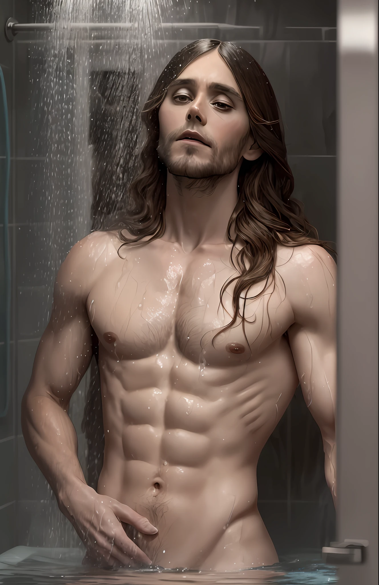 Jared Leto naked in the shower masturbating, head falling back, water falling on his face, no chest hair, no muscles, realistic, high detail, high quality --auto --s2