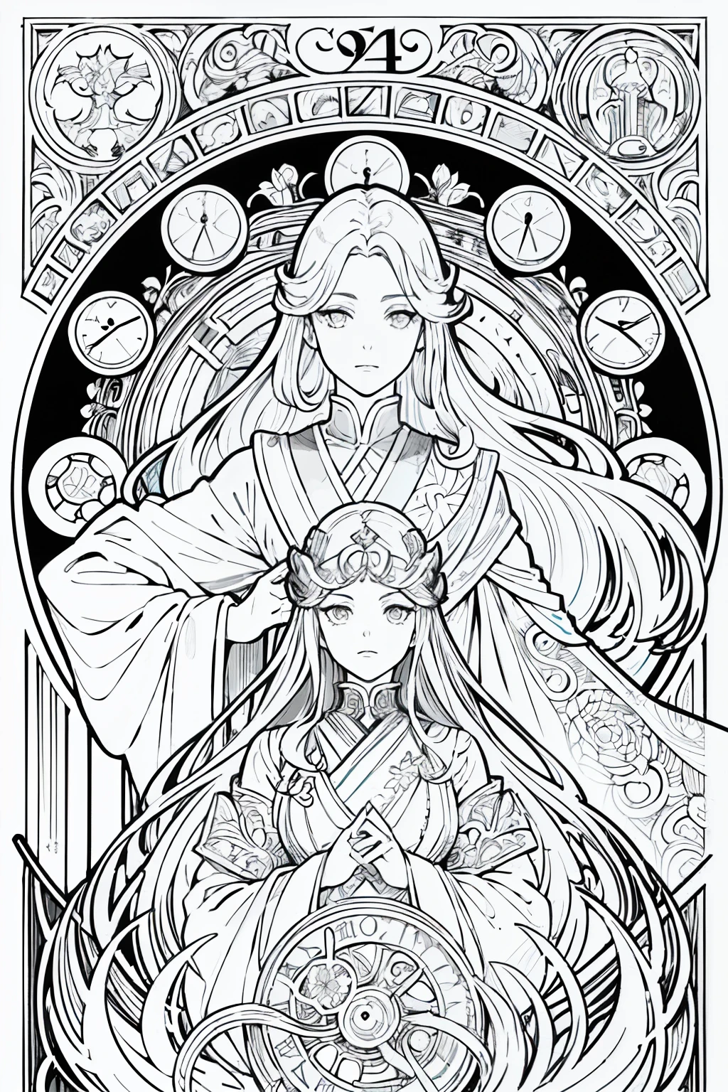 Painting of two women with long hair and a clock, Beautiful line art, black and white line art, Beautiful line art, Very fine ink strokes, high detailed official artwork, Black Line Art on White, artwork,Does not drain black, Coloring Book, highly detailed exquisite fanart, Black ink strokes, Fantasy Fan Art, By Yoshihiko Wada, Anime Art Nouveau Universe Show,Art by Alphonse Mucha ,draft,Only character lines and scenes remove color..., Not shadows.,(master-piece, beste-Qualit, highres:1.4), Detailed, intricate detailed, 10, color splashes, line art, Fibonacci,