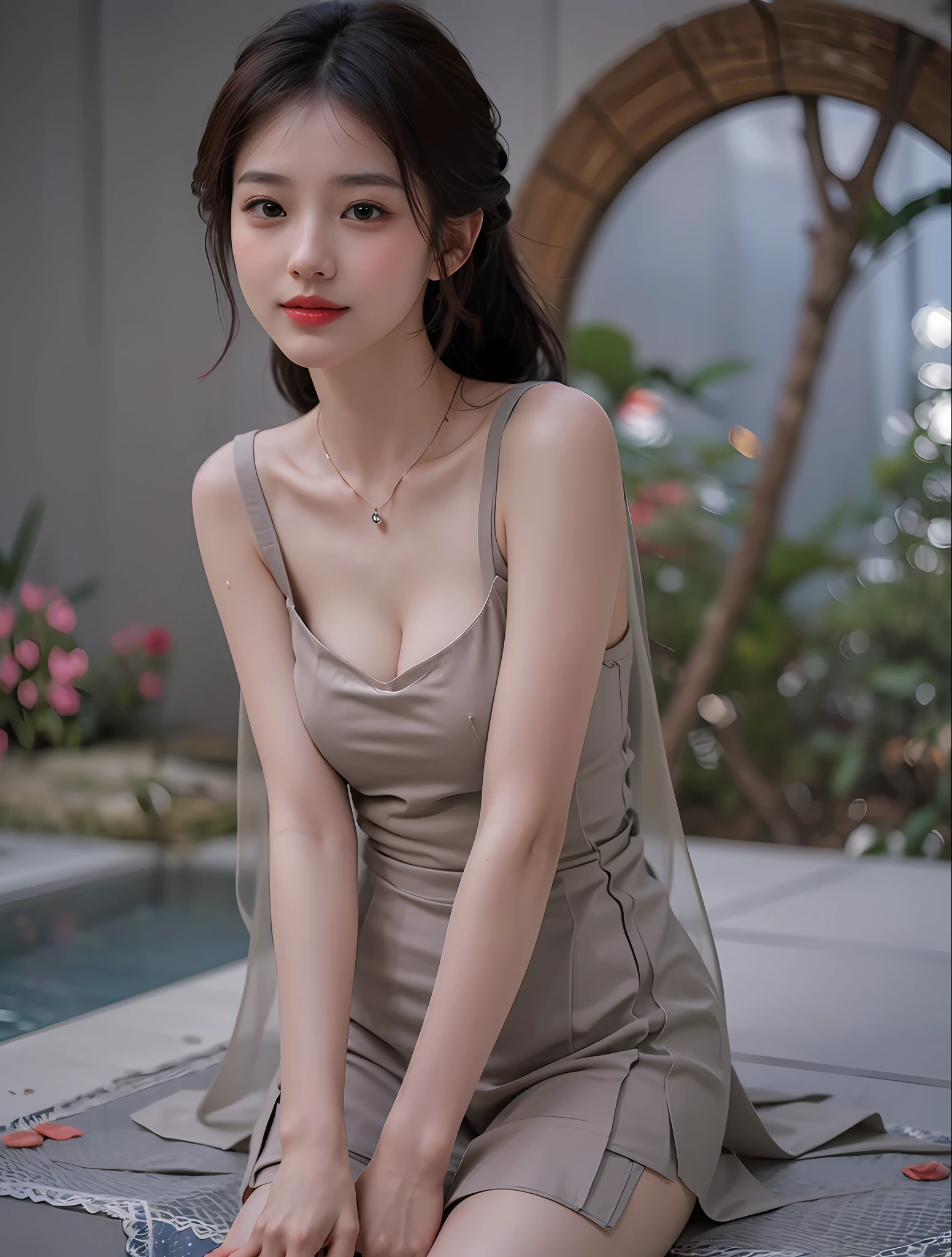 (Highly detailed CG unity 8k wallpaper), (巨作), (Best quality), (Super detail), (best illustration), (Best shadow), (Photorealistic:1.1),(PureErosFace_V1:0.5),(Taiwanese cute girl),(Taiwanese Sexy Woman),,Real human skin, Lens flare, Shade, Backlight,Lotus pond，Under the lotus，Under the lotus leaves，(Depth of field),(Natural light), filmgrain,((A girl with))),hyper HD,(Detailed eyes:1.4),Brown eyes, Seductive smile,kawaii,(solofocus),(Black hair),((Princess Cut Long Hair, Low Braided Ponytail))(Chinese hair accessories)))(See-Through Grey Hansou),(See-Through Gray Chinese Tan Costume Cloak)))((( Huge and drooping breasts)), (((Cowboy shot)), (Close-up) Blurred background, 18 years old, (((Solo)), (Shiny skin), cutea, wearing a diamond necklace, (watch audience), (Look at the front), (smile512:0.1), (Night), (Big)), (nomake-up), , (Wet), (full of sweat), with her mouth open, (squinting: 0.5), (Pubic Area Showing), ((Small areolas)),