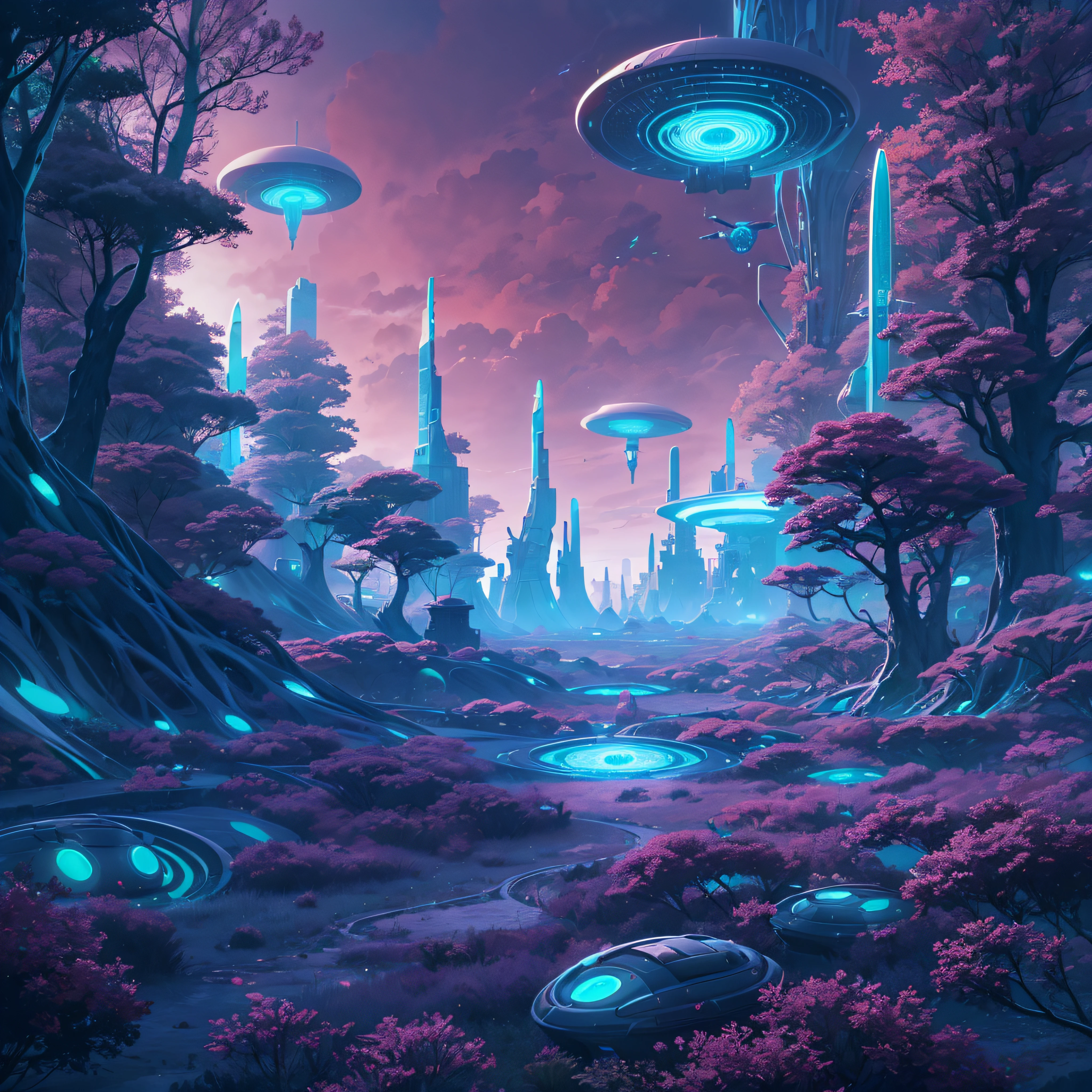 futuristic alien village in the middle of a purple alien forest, alien trees, beeple , sci-fi fantasy wallpaper, lush alien landscape turquoise sky, science fantasy painting, science fiction landscape,