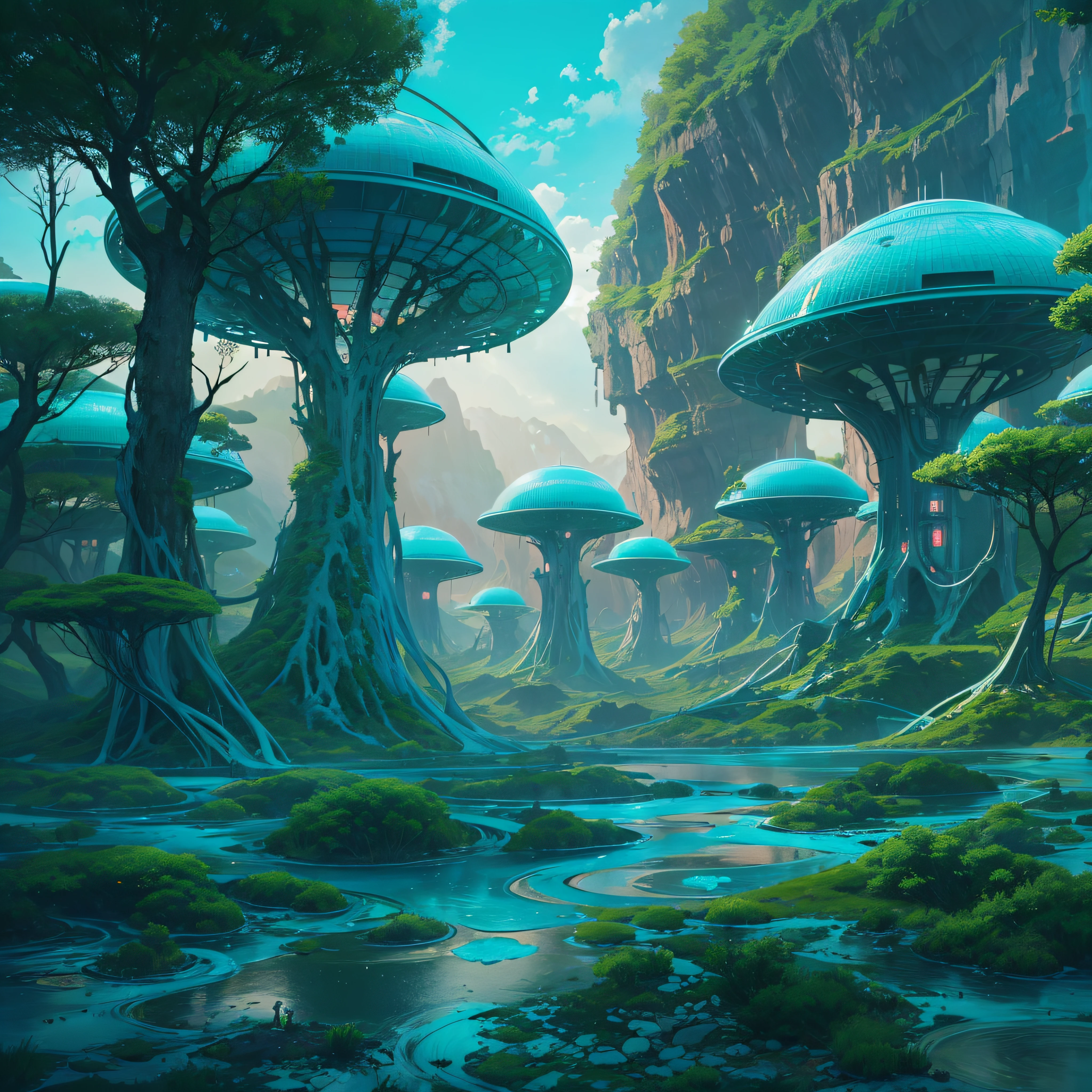 futuristic alien village in the middle of a purple alien forest, alien trees, beeple , sci-fi fantasy wallpaper, lush alien landscape turquoise sky, science fantasy painting, science fiction landscape,
