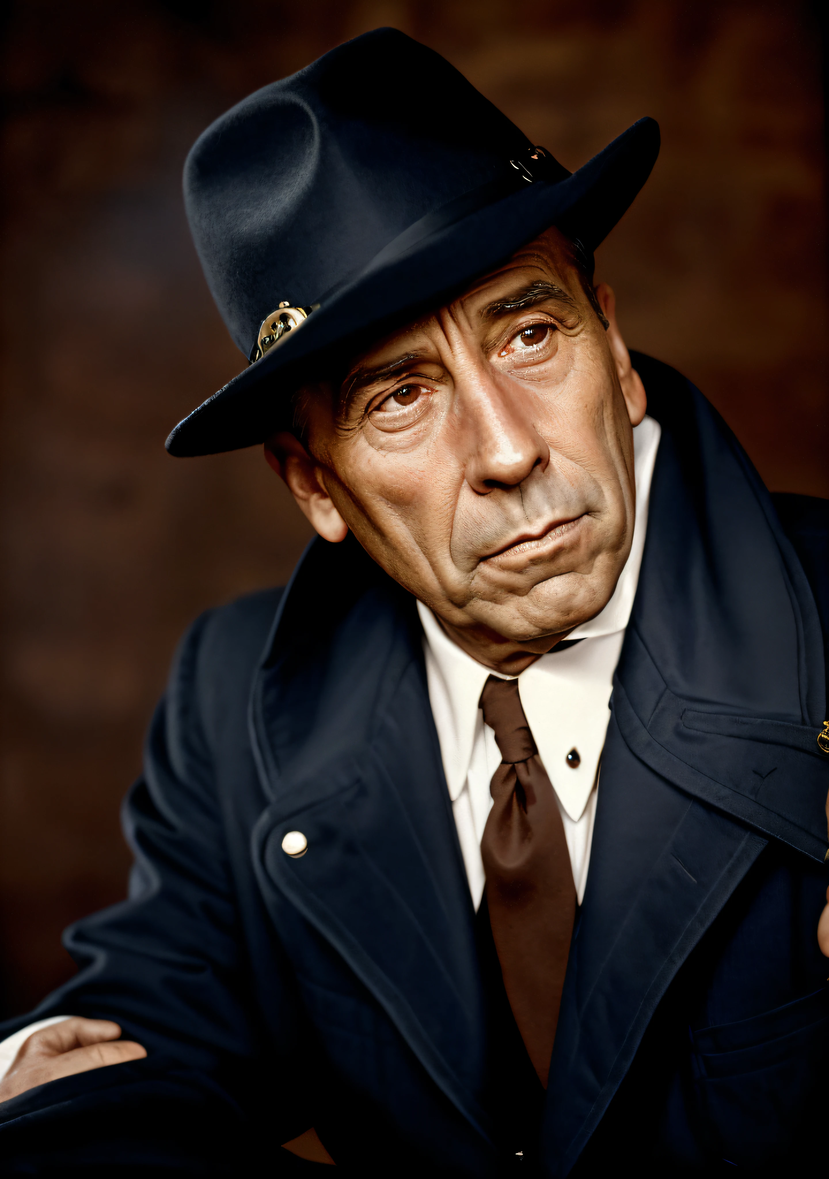 Foto realista del actor Humphrey Bogart, Estilo Caravaggio, masculino, Rasgos faciales ultra detallados, Sharp symmetrical eyes, piel suave, Cinematographer, extremadamente detallado, ultra realista, Motor irreal, fotorrealista, steampunk, Obra maestra de Mystic Light Steam