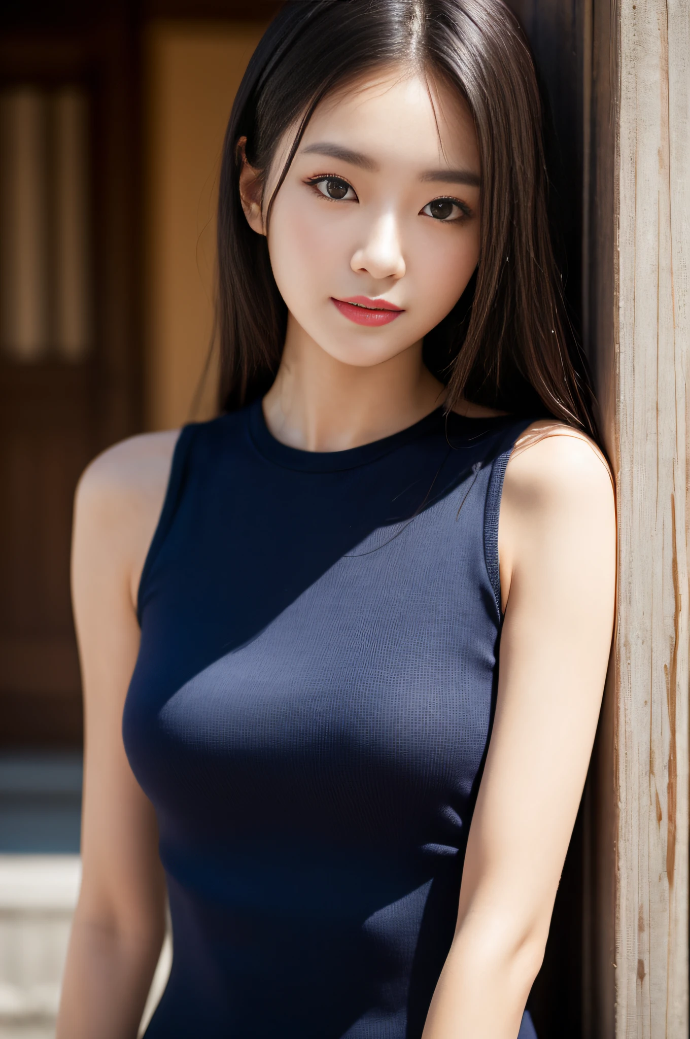 ((best qualtiy、8k masterpieces:1.3))、foco nítido:1.2、(ultra beautiful faces:1.0)、(Slender Abs Beauty:1.0)、(shinny skin:1.0)、photos realistic、A dark-haired、Video Lighting、High-definition eyes and face、Video Lighting、(cowboy shot:1.3)、White swimwear、(Korean Cute Actress)、from the front side、medium large breasts、A slight smile、Sleeveless、A MILF