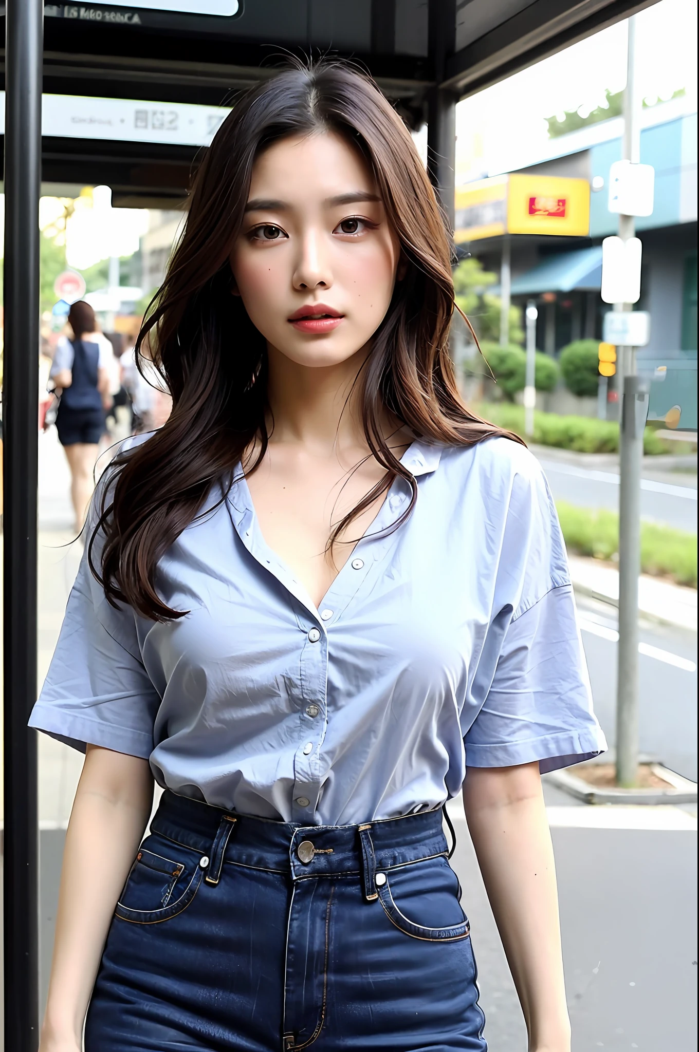 ((midynight, best qualtiy, 8K, tmasterpiece: 1.3)), The upper part of the body, huge tit, Clear focus: 1.2, Pretty Women in Perfect Shape: 1.4, Slender abs: 1.1, (dark brown hair)),Pink shirt,denim pant, standing on your feet: 1.2), Bus stop, very detailed face and skin texture, finely-detailed eyes, 二重まぶた