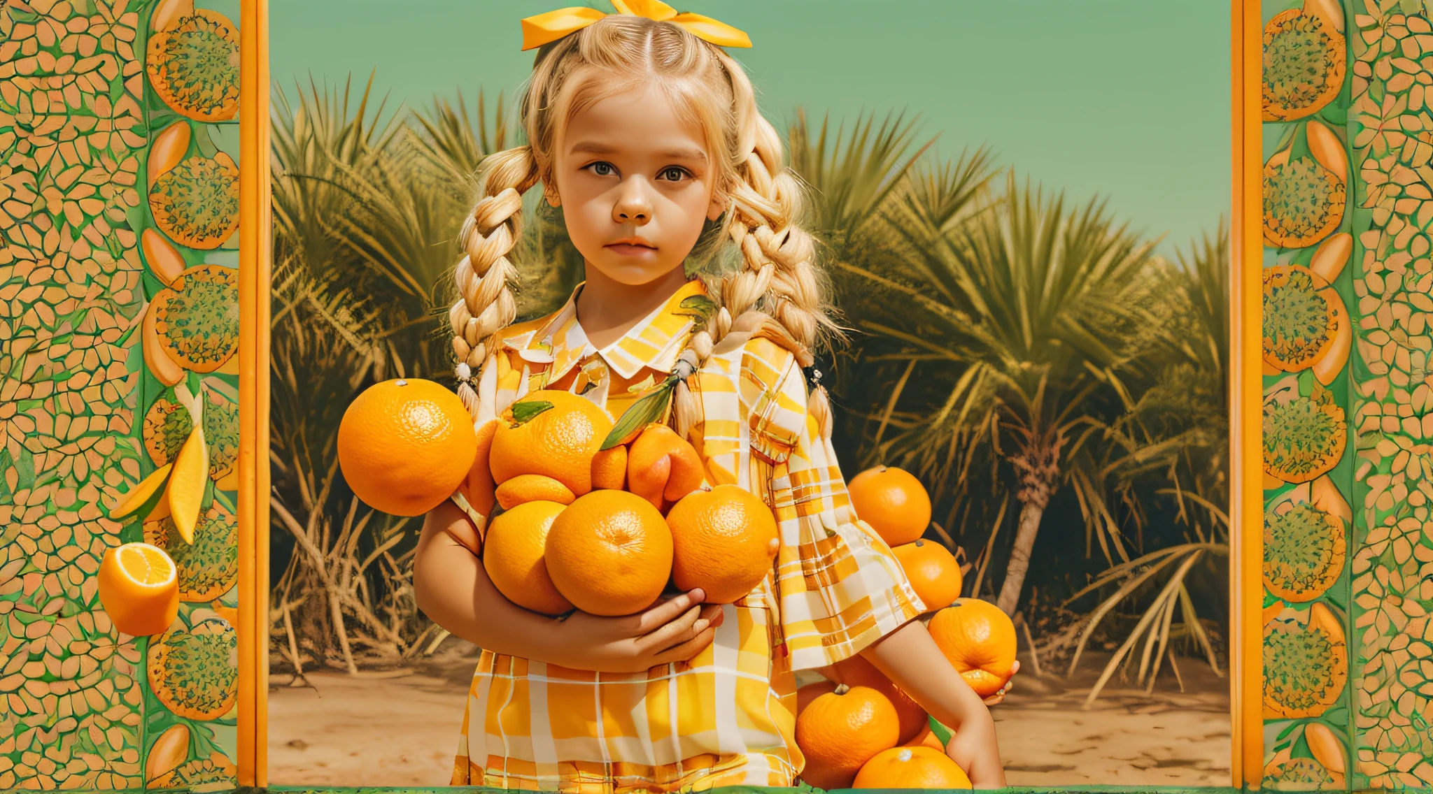 There's a blonde child girl in braids holding a bag of oranges and a bag of oranges, na frente de um fundo laranja, Editorial Oficial da Versace, modelo, teddy fresh, imagem retrato.