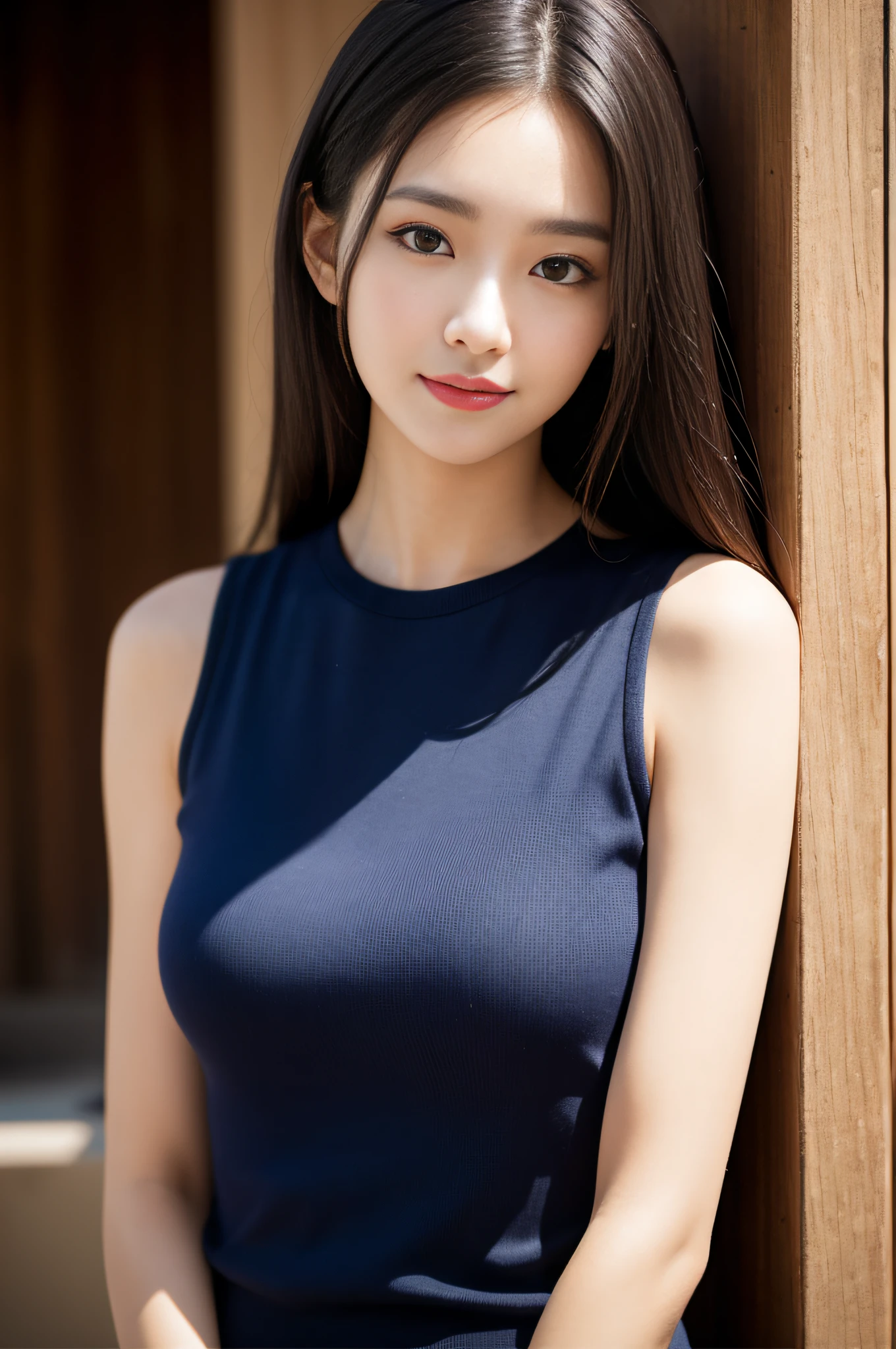 ((best qualtiy、8k masterpieces:1.3))、foco nítido:1.2、(ultra beautiful faces:1.0)、(Slender Abs Beauty:1.0)、(shinny skin:1.0)、photos realistic、A dark-haired、Video Lighting、High-definition eyes and face、Video Lighting、(cowboy shot:1.3)、White swimwear、(Korean Cute Actress)、from the front side、medium large 、A slight smile、Sleeveless、A MILF