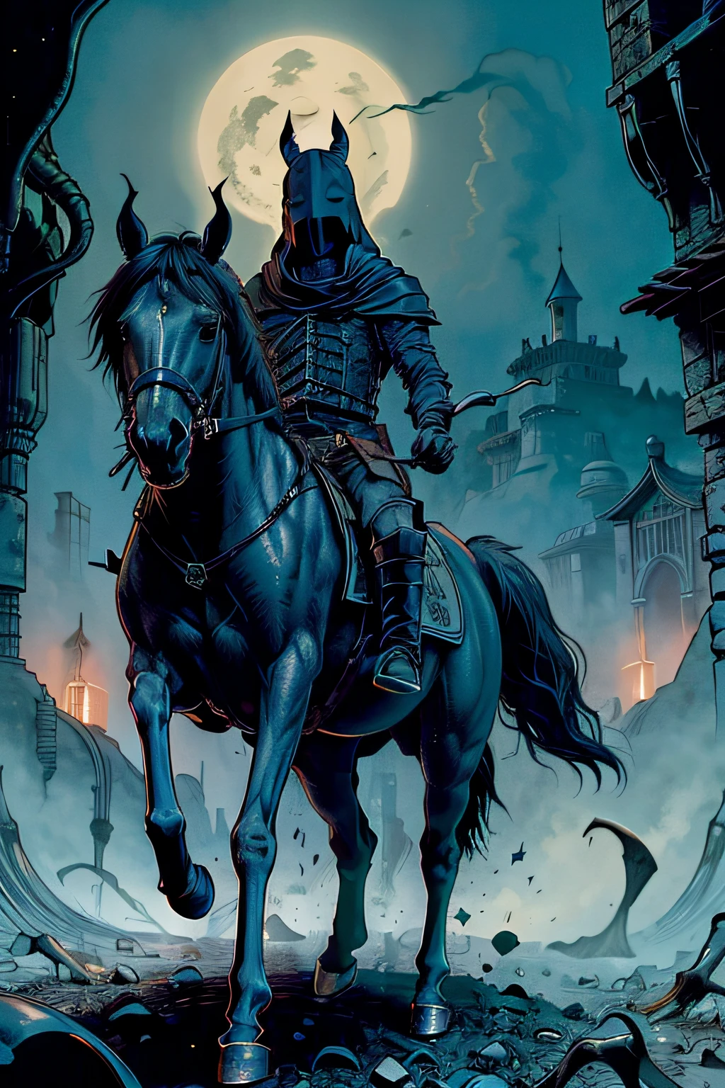 a horse running with a headless black caped rider,(dark:1.3), (cavaleiro com capa preta voando ao vento), ((Headless Knight)), Similar to the movie The Legend of the Headless Knight, a lenda de sleepy hollow, nazgul, cavalo preto, good hand, 4k, high-res, obra-prima, melhor qualidade, headpe: 1.3, ((fotografia Hasselblad)), foco nítido, (cinematic lighthing), 鎖骨, noite, soft-lighting, dinamic angle, [:(rosto detalhado: 1.2): 0.2], fora, cidade, monochrome background,