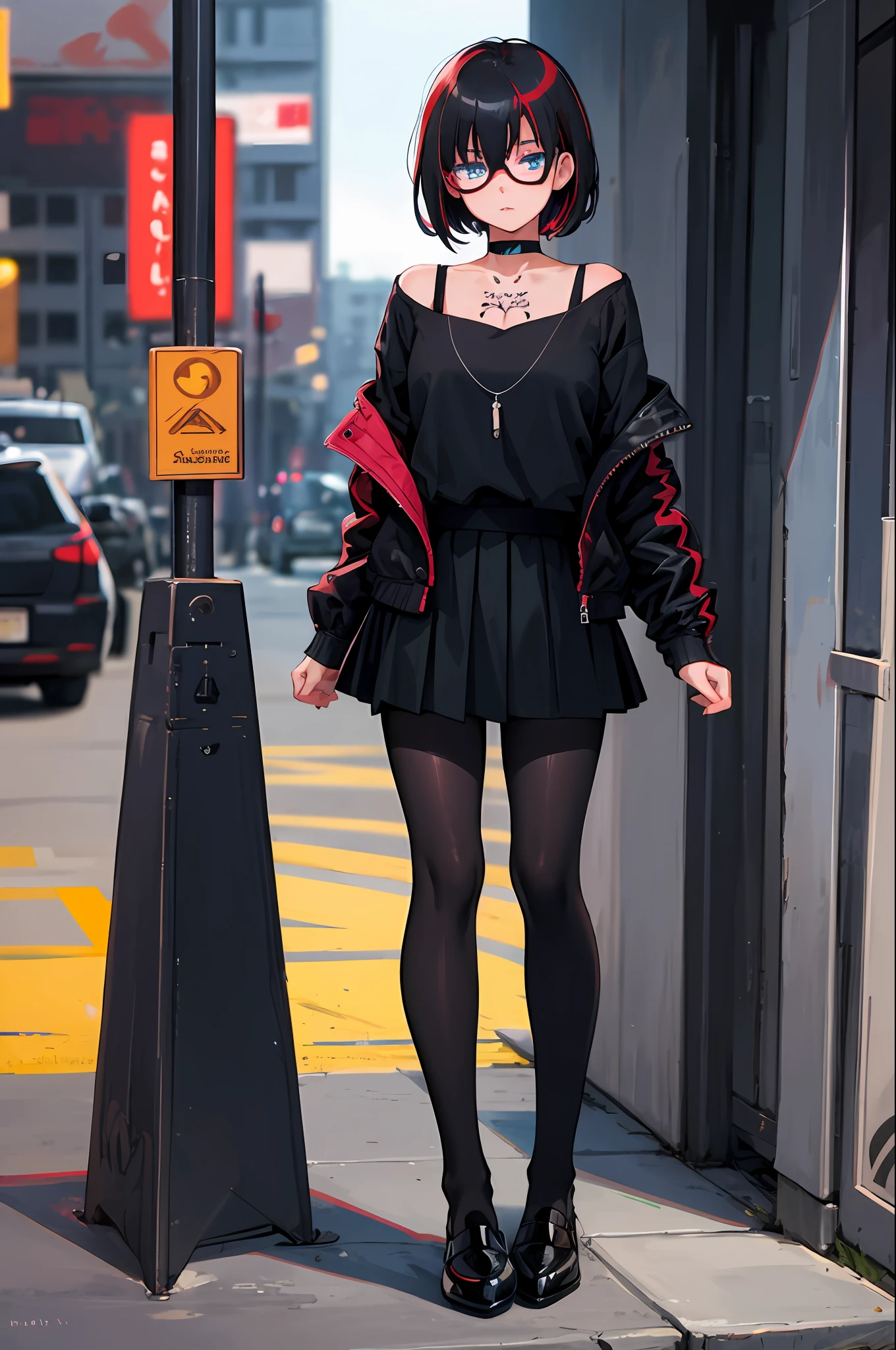 realistic, very detailed, vivid colors, lighting effect, Girl, solo, alone, (full body), standing, PARK IN BACKGROUND, short black hair with red streaks, wears transparent glasses, blue eyes, black eyeliner, black lips, shy expression, choker, black top, jacket, Black skirt, Black tights, Shoes, arm tattoo,