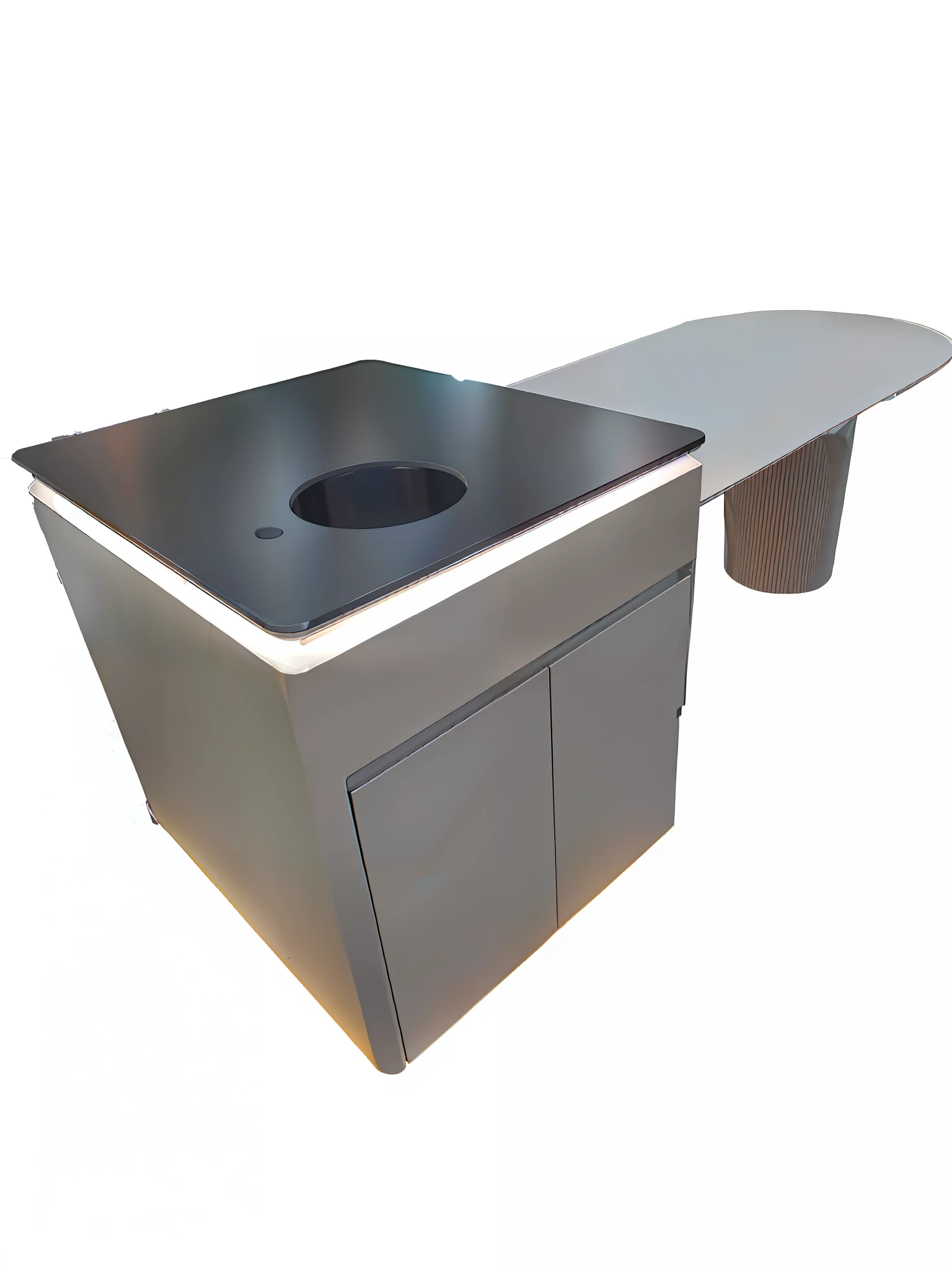 Close-up of a sink with a sink top and sink,chef table,mesa,pot,Product photo,Lit,cubes,rectangle white porcelain table,White table,desk,composite,sink(fish tank),table is centered,made of liquid metal and marble,aluminium,sink,Bright background,Modern light luxury,Mountain view from the window。