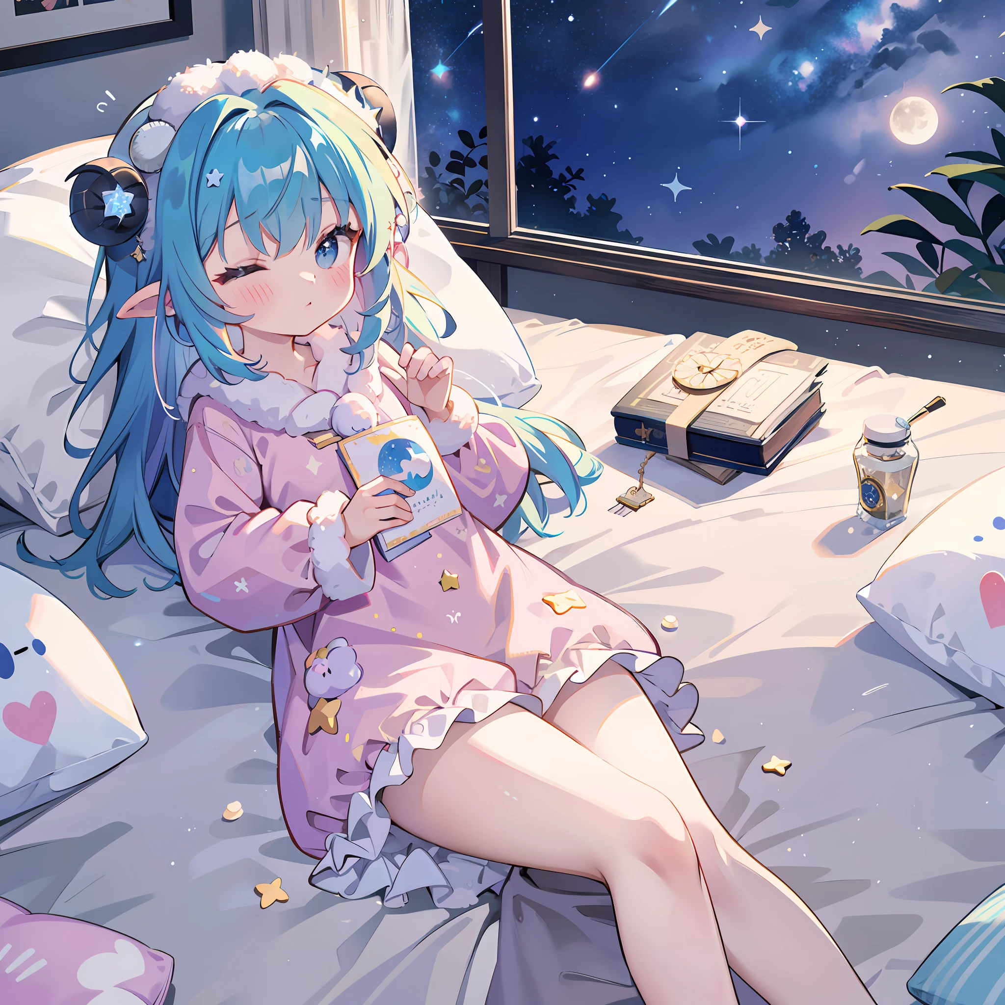 "Cozy moonlit bedroom scene with a dreamy princess girl in sleepwear pajamas. She is surrounded by a starry sky, stars, and a beautiful galaxy. She is peacefully sleeping and counting sheep in her dreams, wearing animal ears and a sleep mask on her head."