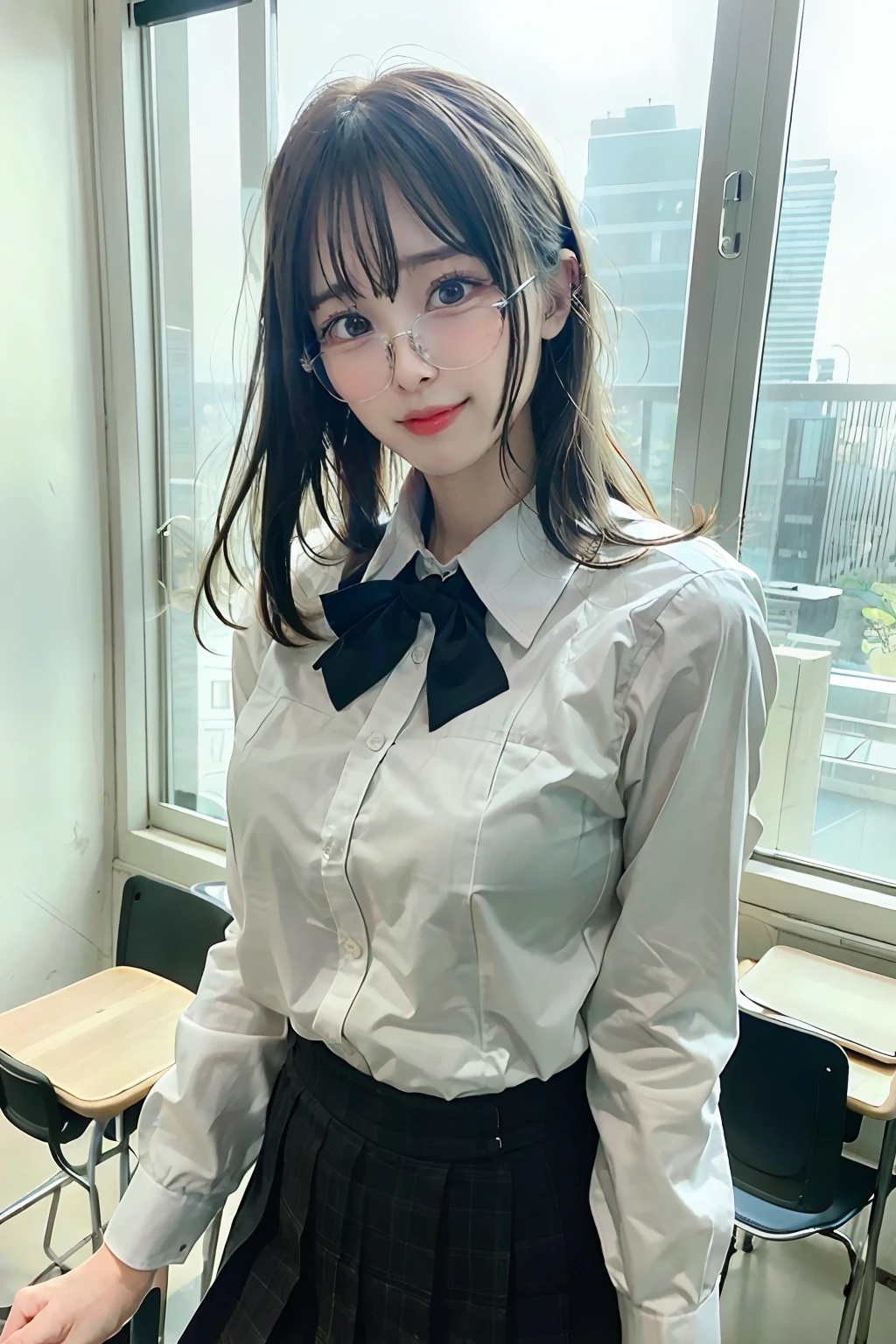 25 years old woman(glasses eyes), milf, ((at classroom)), ((school uniform)), RAW photo, (photorealistic:1.37, realistic), highly detailed CG unified 8K wallpapers, 1girl, ((perfect body:1.1)), (medium breasts:1.2) , looking at viewer, (((straight from front))), (HQ skin:1.2, shiny skin), 8k uhd, dslr, soft lighting, high quality, film grain, Fujifilm XT3, ((full body:0.8)), (professional lighting:1.4) ,