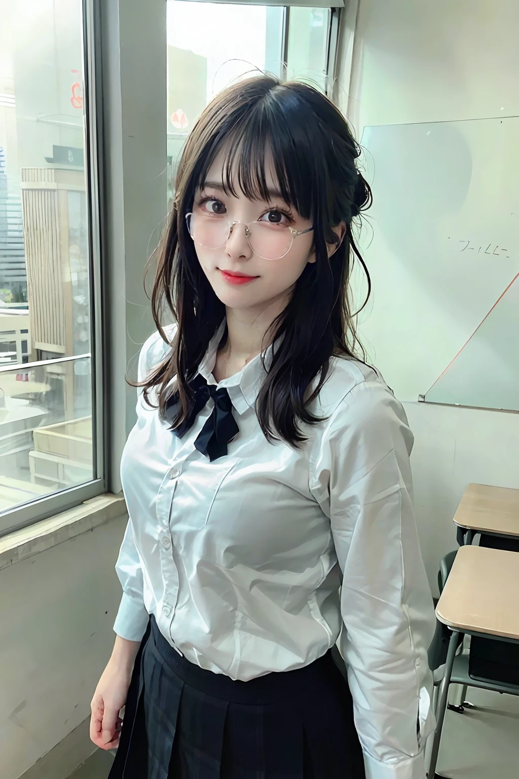 25 years old woman(glasses eyes), milf, ((at classroom)), ((school uniform)), RAW photo, (photorealistic:1.37, realistic), highly detailed CG unified 8K wallpapers, 1girl, ((perfect body:1.1)), (medium breasts:1.2) , looking at viewer, (((straight from front))), (HQ skin:1.2, shiny skin), 8k uhd, dslr, soft lighting, high quality, film grain, Fujifilm XT3, ((full body:0.8)), (professional lighting:1.4) ,