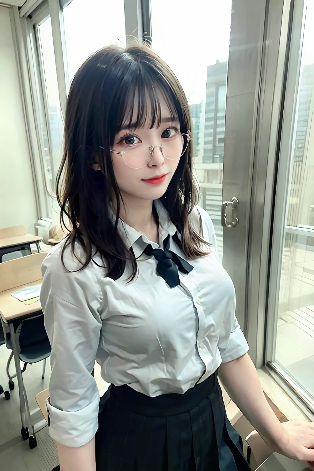 25 years old woman(glasses eyes), milf, ((at classroom)), ((school uniform)), RAW photo, (photorealistic:1.37, realistic), highly detailed CG unified 8K wallpapers, 1girl, ((perfect body:1.1)), (medium breasts:1.2) , looking at viewer, (((straight from front))), (HQ skin:1.2, shiny skin), 8k uhd, dslr, soft lighting, high quality, film grain, Fujifilm XT3, ((full body:0.8)), (professional lighting:1.4) ,