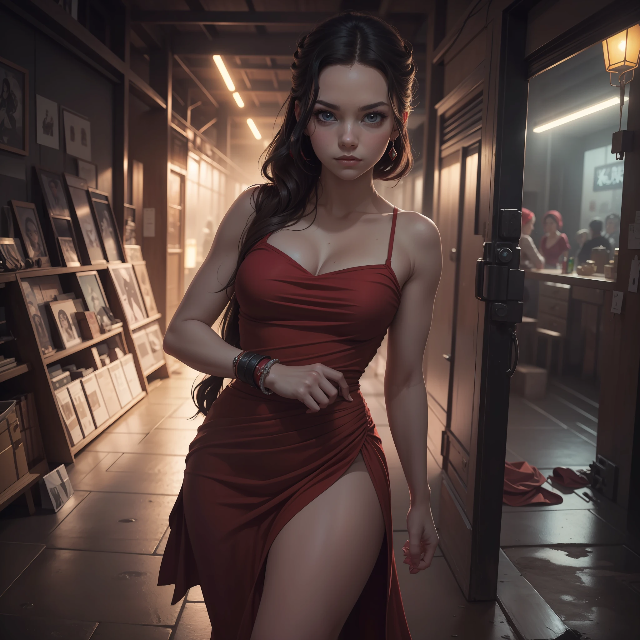 fotorrealista,Realistic illustration in Modelshoot style,((Obra maestra)),((La mejor calidad)),((Ultra detallado)),((1girl)),((Only)),((waifu:1.5)), Perfect anatomy,Lindo_cara,Excepcionalmente Beauty Waifu Princess Emma Stone como Nezuko Kamado Demon Slayer,in a beautiful and sexy Fashion Red dress with shiny stones,ropa mojada,Calcetines negros,rojo-claro_ojos,cabello ondulado,delineador,Maquillaje lindo ,((Ojos detallados perfectos)),Ciudad Cyberpunk,lluvioso afuera,Noche,((Extremadamente CG Unidad 8K Fondo de pantalla)),Detalles intrincados,Extremely beautiful and aesthetic,Renderizado de octanaje,Retrato de cuerpo entero,damp skin,( (Cuerpo detallado perfecto)),