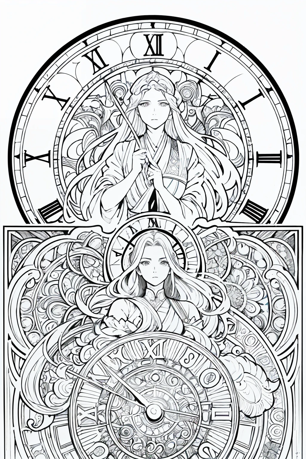 Painting of a woman with long hair and a clock, Beautiful line art, black and white line art, Beautiful line art, Very fine ink strokes, high detailed official artwork, Black Line Art on White, artwork,Does not drain black, Coloring Book, highly detailed exquisite fanart, Black ink strokes, Fantasy Fan Art, By Yoshihiko Wada, Anime Art Nouveau Universe Show,Art by Alphonse Mucha ,draft,Only character lines and scenes remove color...., Not shadows.,(master-piece, beste-Qualit, highres:1.4), Detailed, intricate detailed, 10, color splashes, line art, Fibonacci,