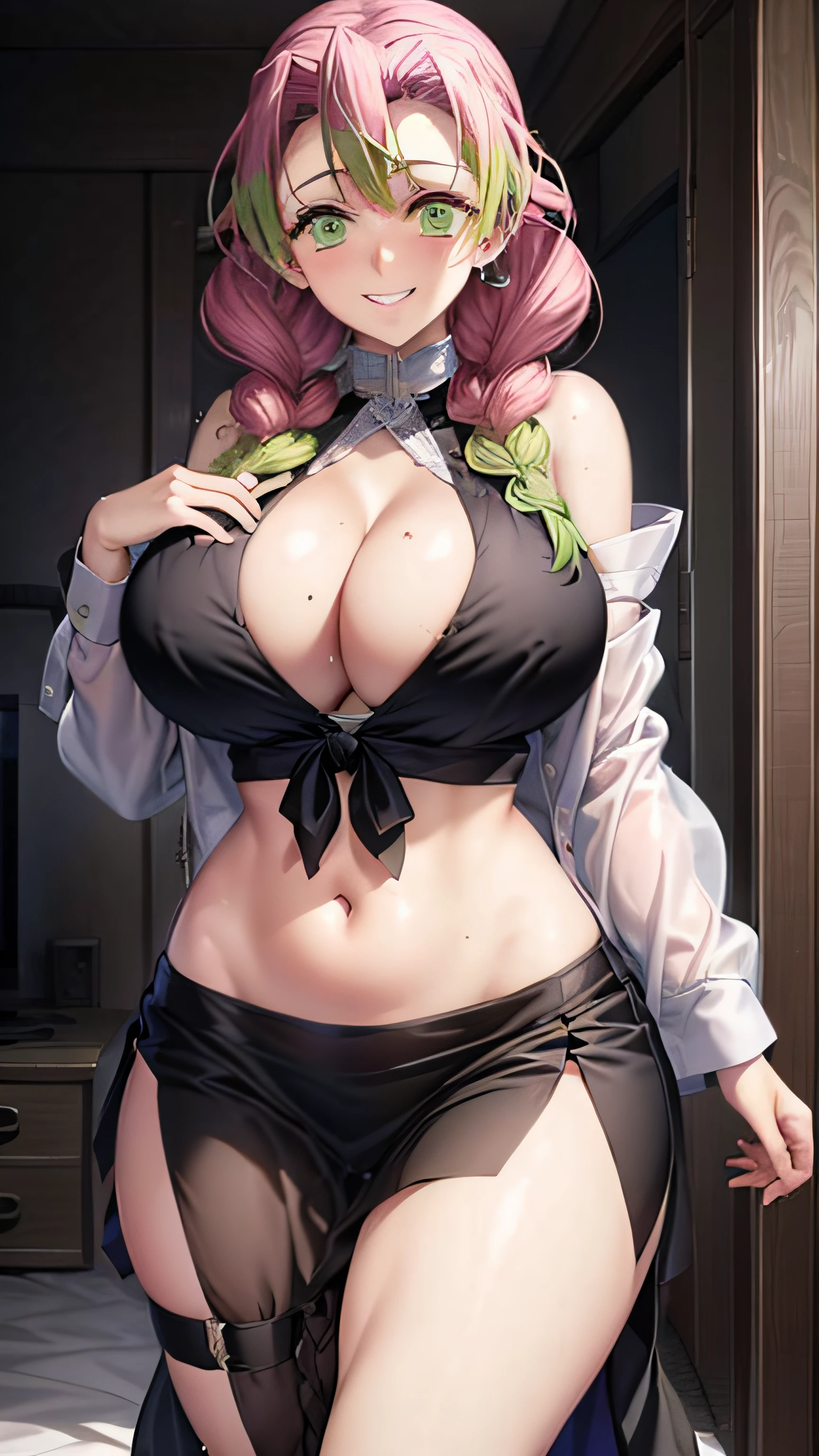 kanroji_mitsuri、Mitsuri、Gradient Hair、1girl、sexy midriff、 slim waist、 (((Ridiculously large breasts)))、(Ridiculously huge breasts:1.5)、((huge udder))、short ruffled skirt、thighs thighs thighs thighs、Arabian women、dancer、Abaya、Belly dance、(Black Veil:1.5)、a smile、Tucked Flared Lace see-through Blouse、