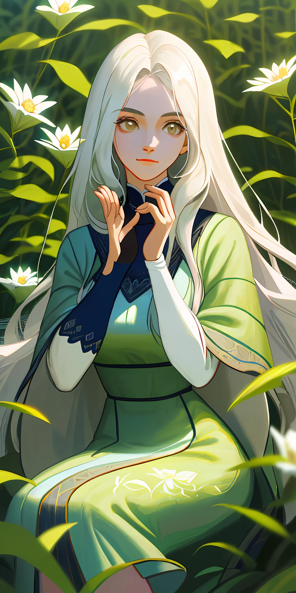 "(obra-prima, melhor qualidade), Beautiful painting with amazing detail, Ultra-detailed CG illustration of a girl with long white hair sitting in a field of green plants and flowers, the hand under his chin, warm ilumination, vestido branco, primeiro plano desfocado."