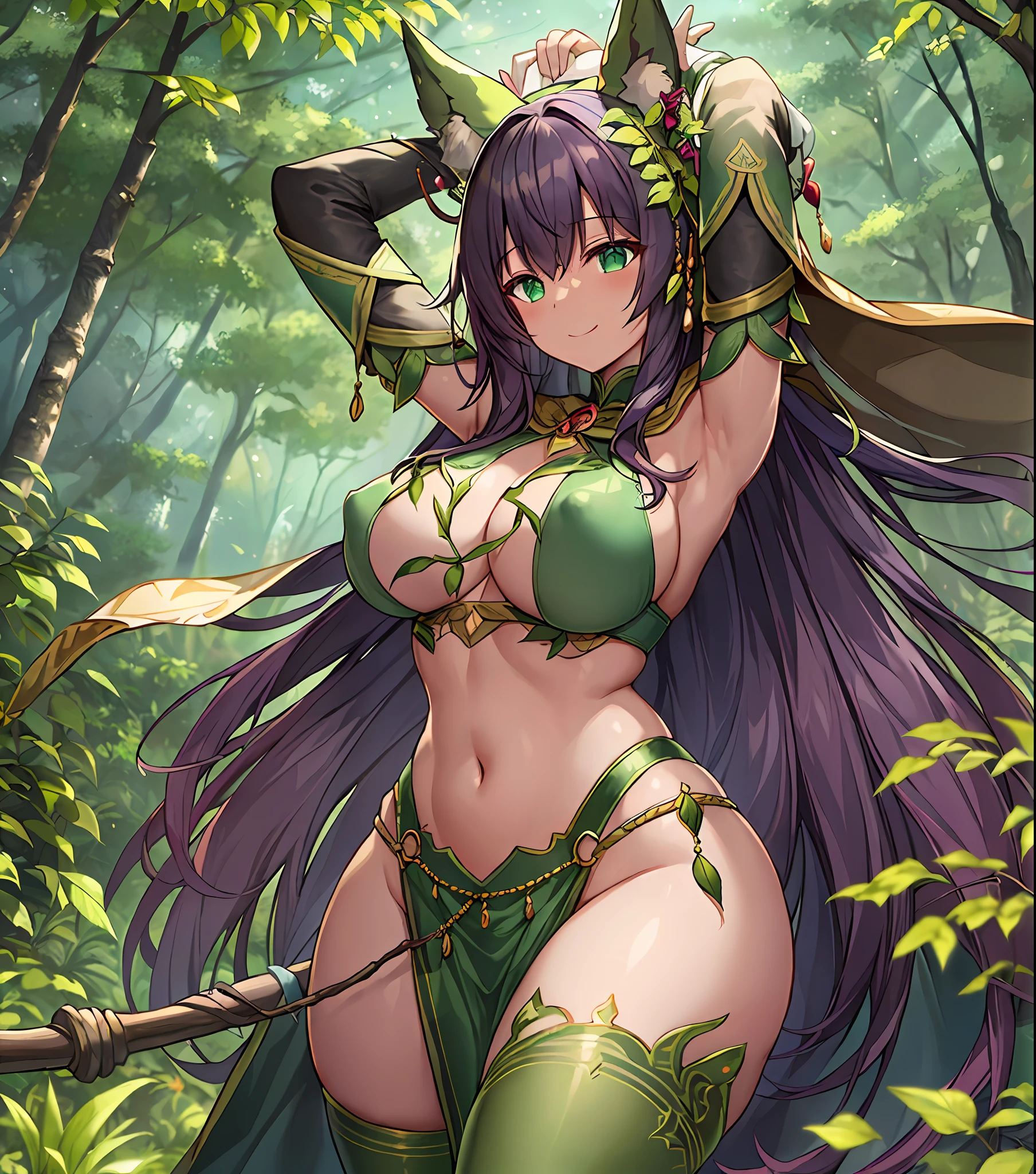 fantasy, 1forest_elemental_girl, tiny,(dark_skin)0.9, (using_leaves_clothes, green_leaves_covered_breasts, leaves_covered_pussy,covered_nipples)+++,(gigantic_heavy_tits:1.1), walking, (smile, sleepy)+, medium_hair, navel oil, (winding_vine_around_torso)++, forest_background, leaves_headgear, green_leaves_cape, spread_arms, large_staff, leaves_thighhighs, big_ass,solo,(pelvic_curtain:0.9), tabard,